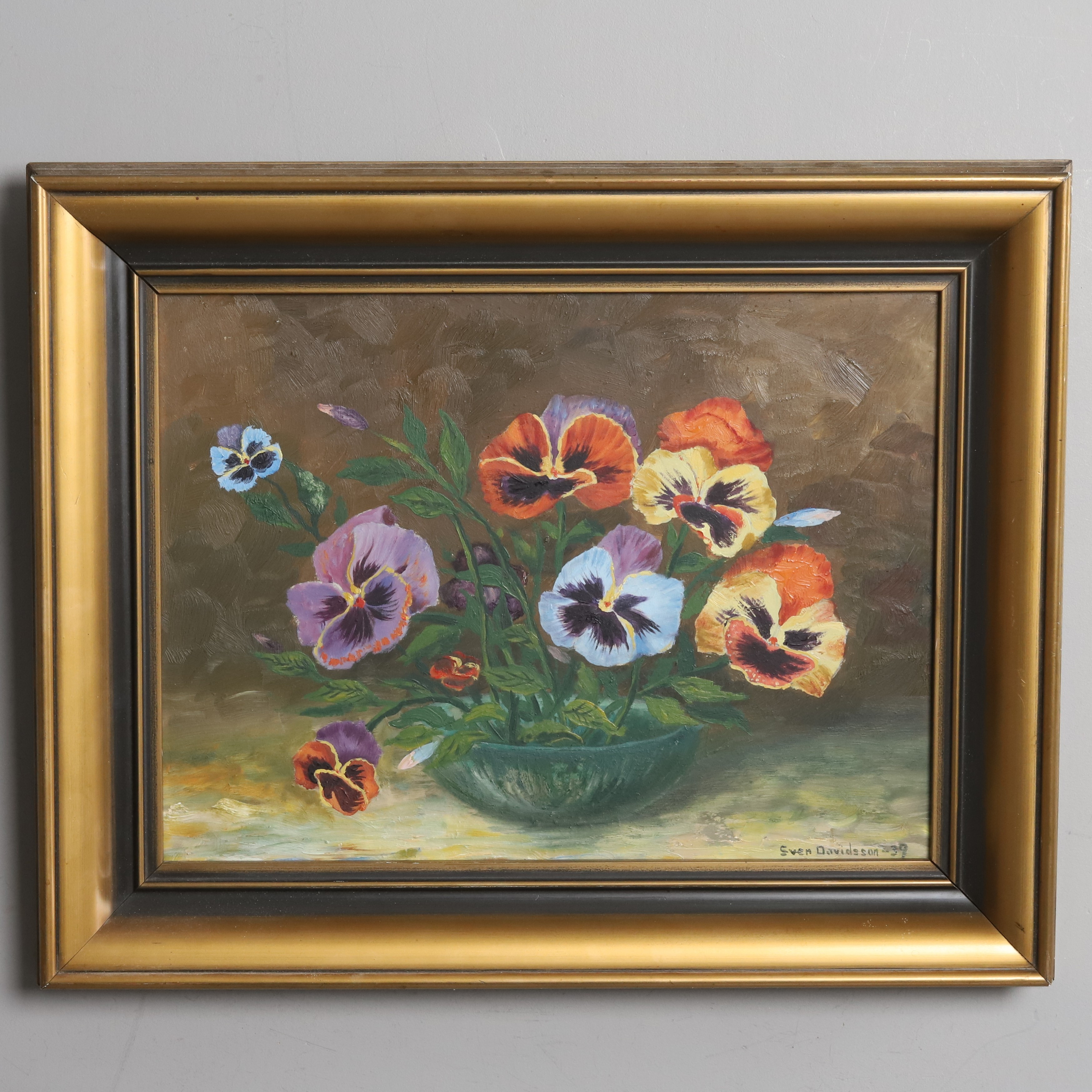 SVEN DAVIDSSON. Olja på pannå, "Blomster stilleben", signerad och daterad 39.