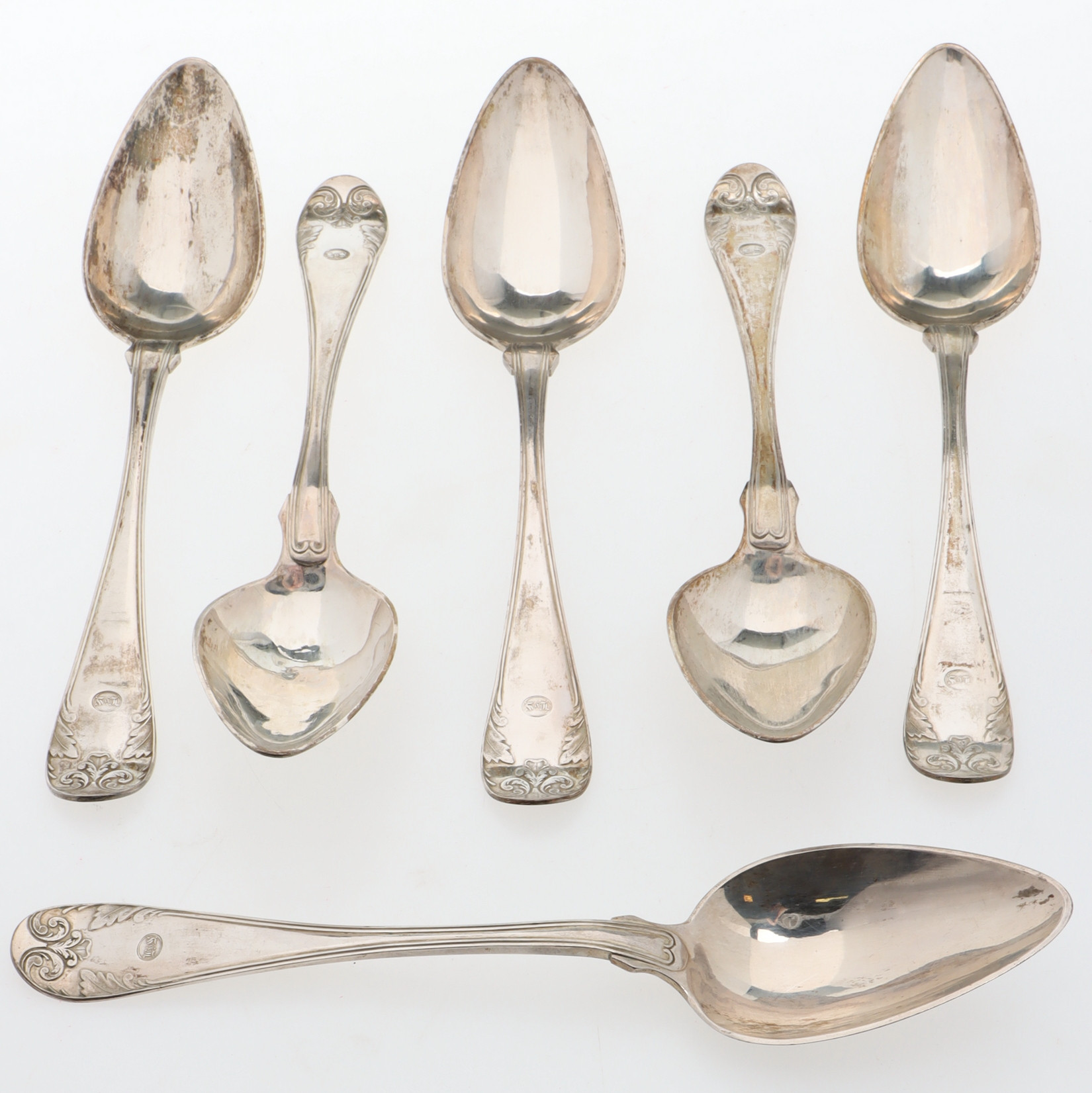 NILS JULIHN. Matskedar, 6 st, Fransk lilja, silver, Karlshamn, 1830-tal.