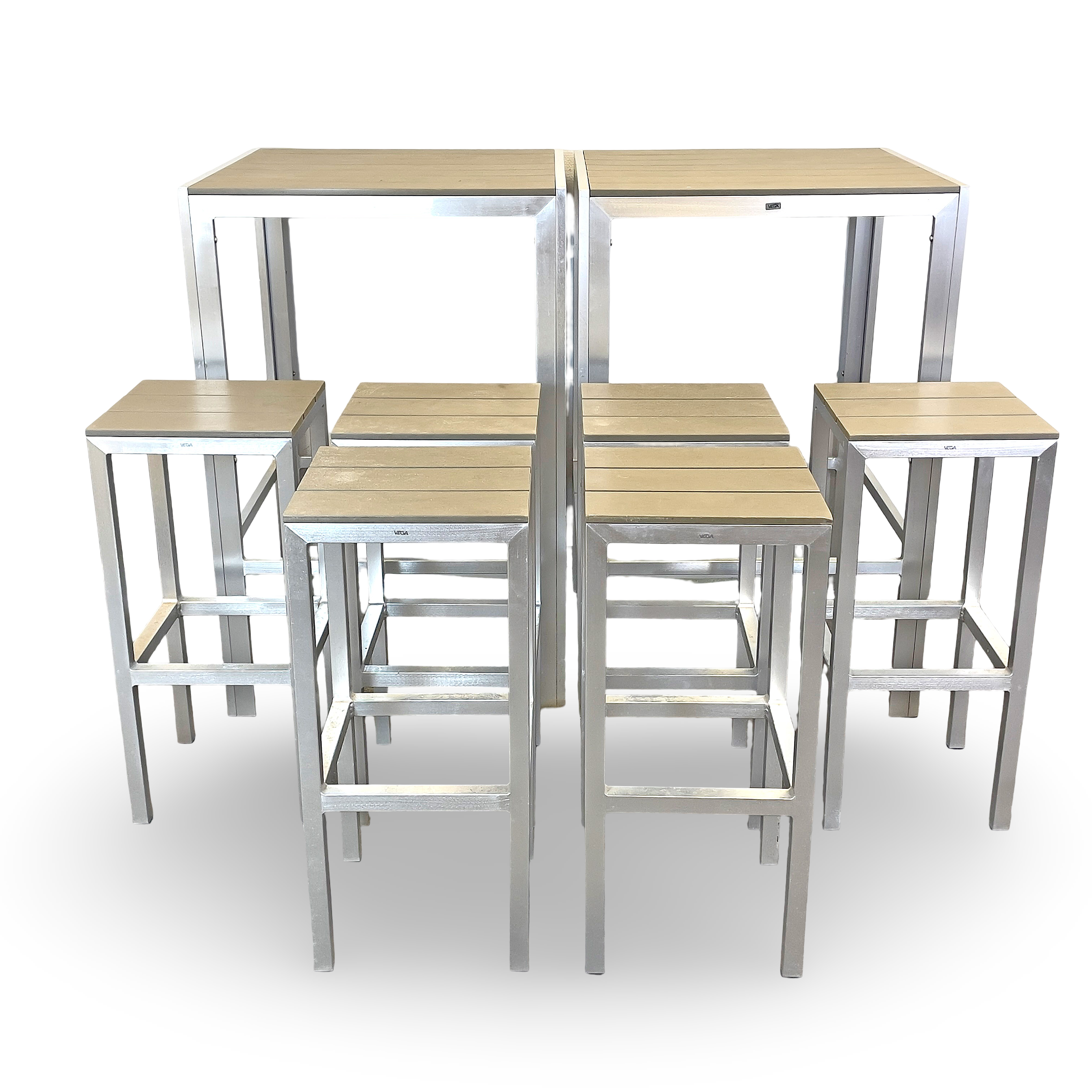 BARBORD, 1 par med BARSTOLAR/PALLAR, 6 st, i aluminium och konstmaterial, märkt Vega.