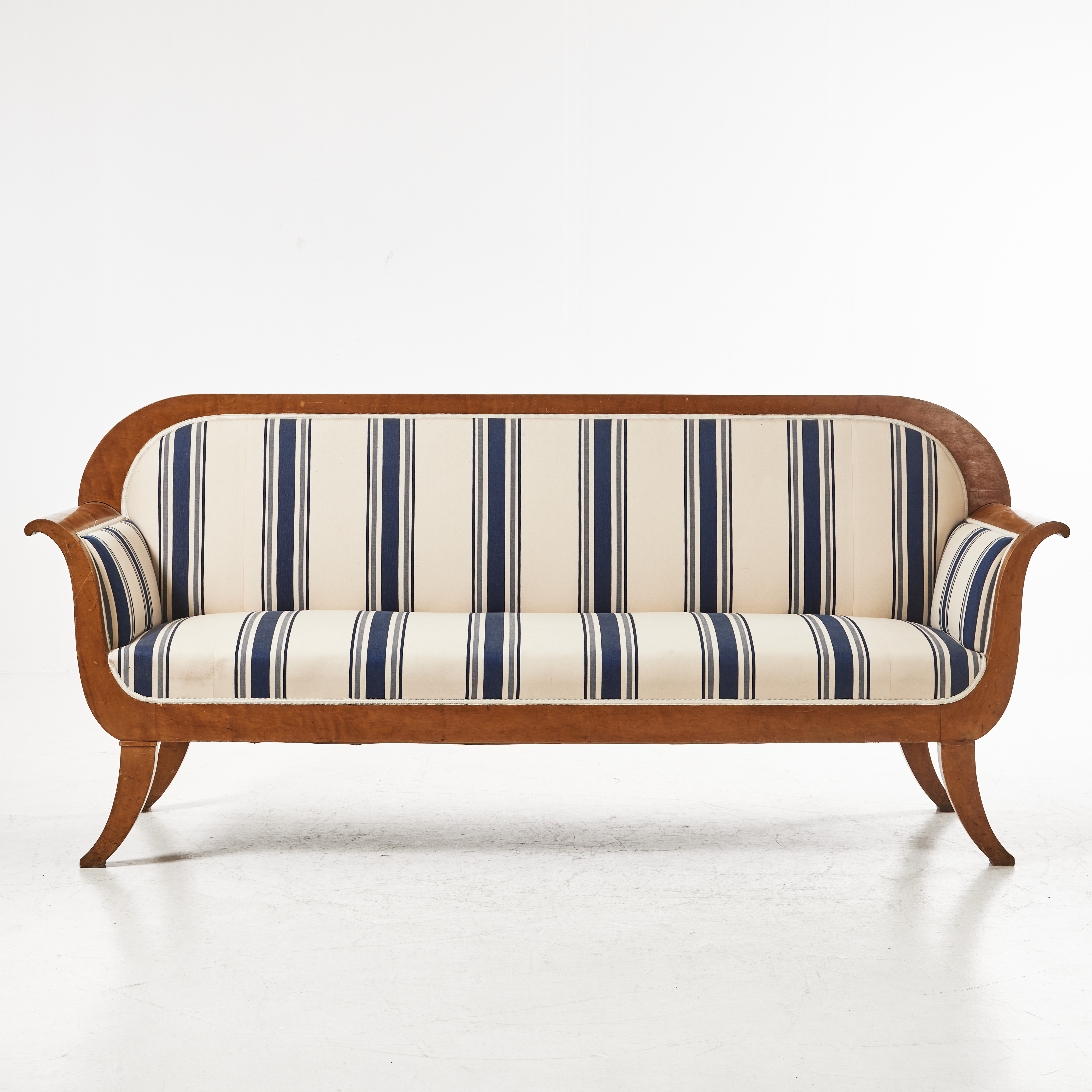 SOFFA, Karl Johan, 1800-tal, fanerad björk, klädd i randig klädsel.