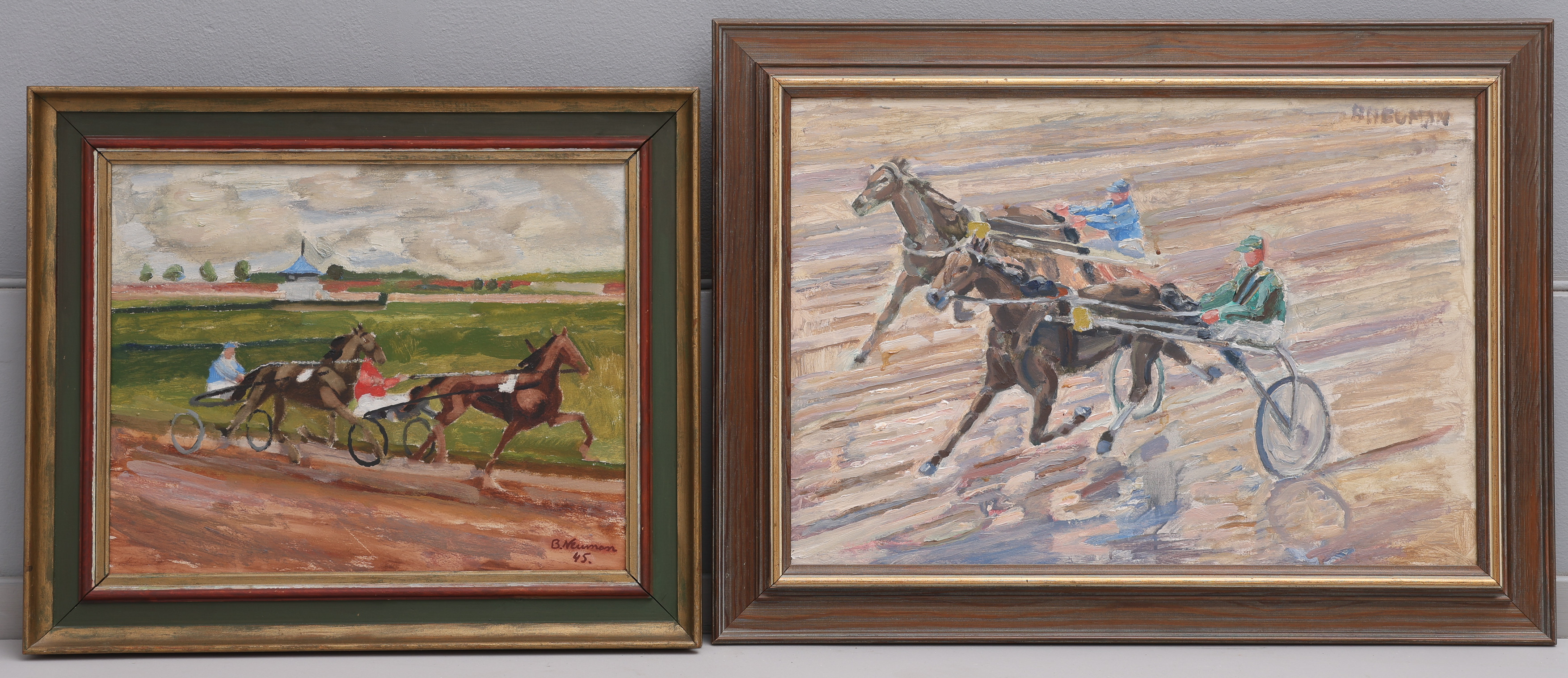 BERNHARD NEUMAN. OLJOR PÅ PANNÅ, 2 ST, TRAVMOTIV, SIGNERADE, 1900-TALETS MITT.