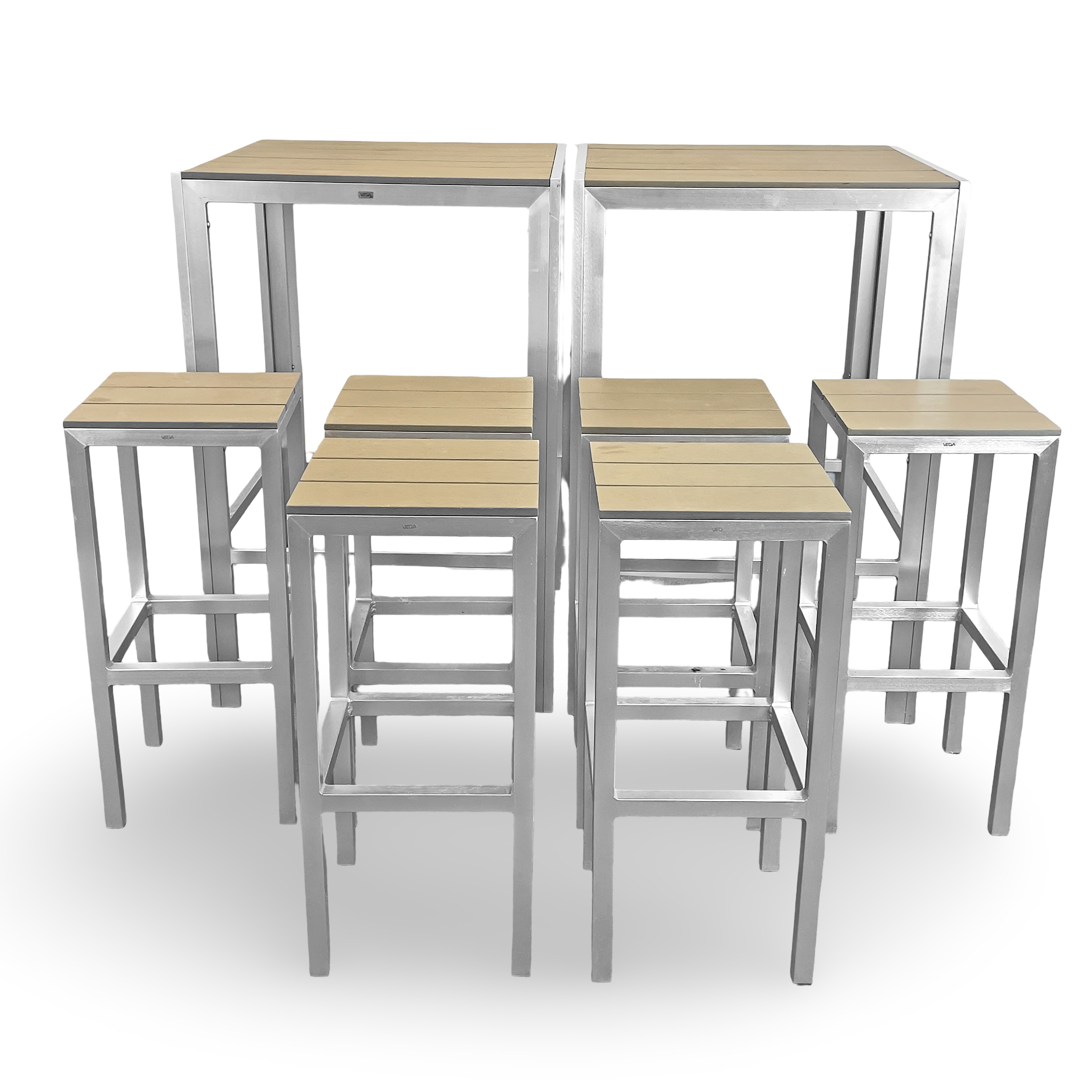 BARBORD, 1 par med BARSTOLAR/PALLAR, 6 st, i aluminium och konstmaterial, märkt Vega.