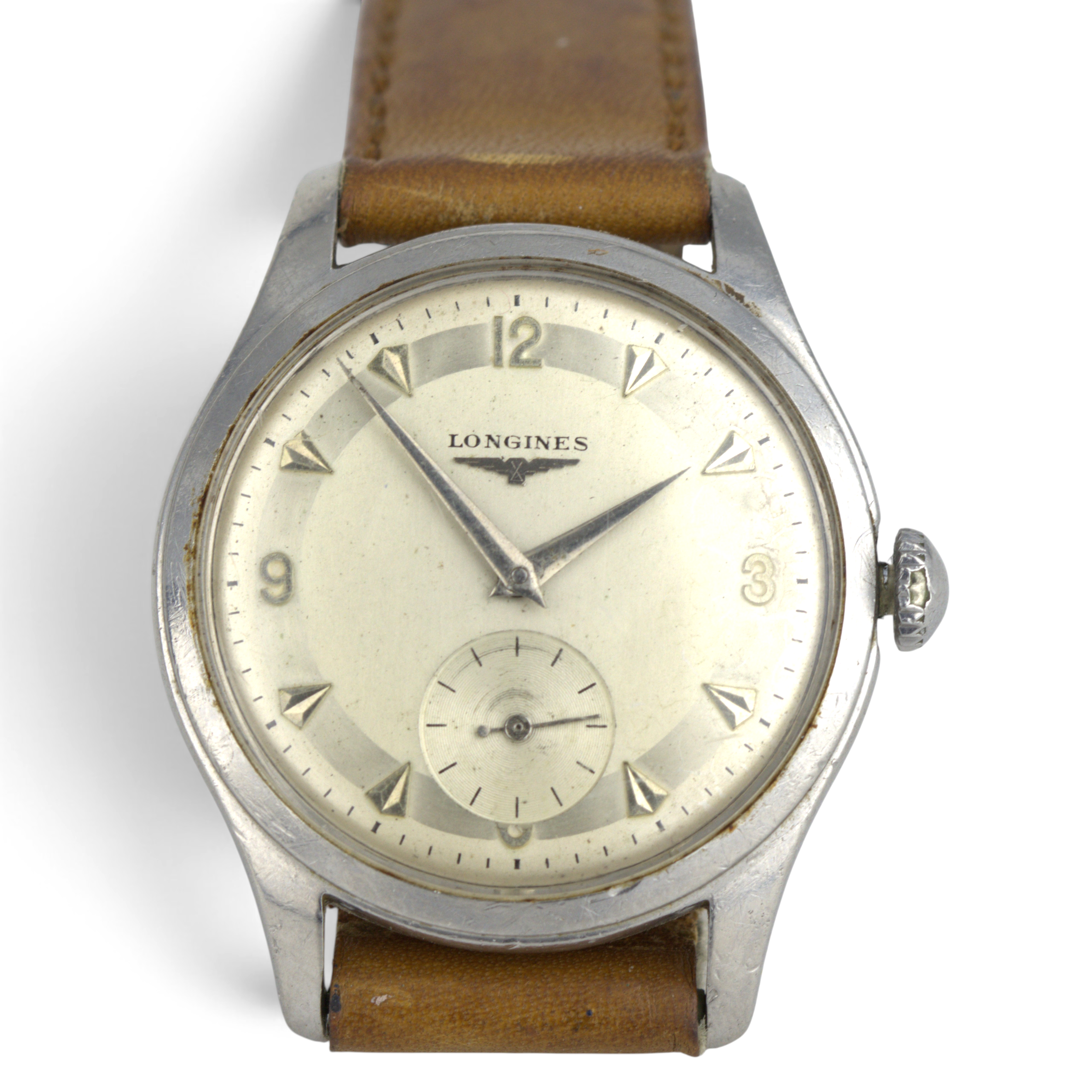 LONGINES. Armbandsur, herr, stål, tvåfärgad urtavla, manuell, subsekund, Schweiz, 1950-tal.