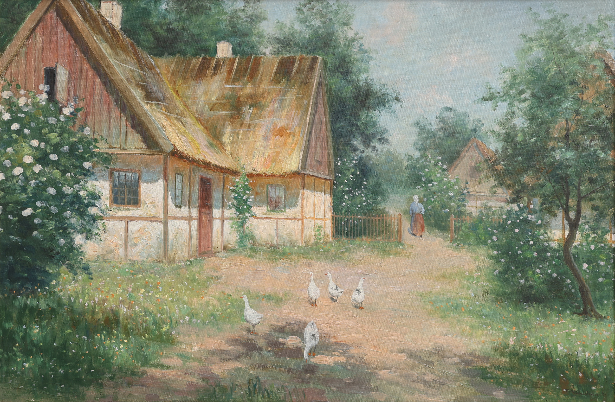 FRANS WILHELM ODELMARK. OLJA PÅ DUK, GÅRDSMOTIV, SIGNERAD.