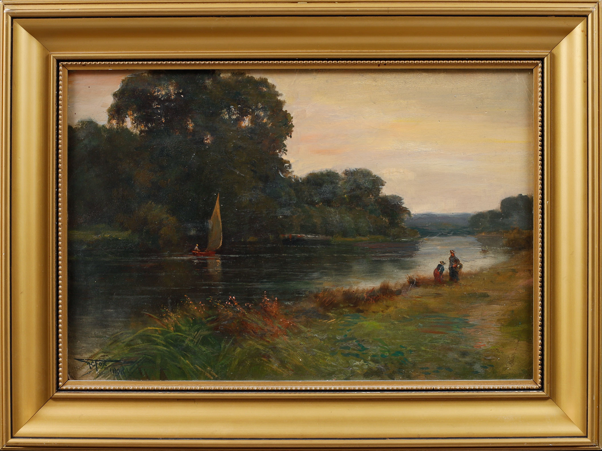 HENRY CHARLES FOX. Flodlandskap med figurer, olja på pannå, signerad och daterad 1896.