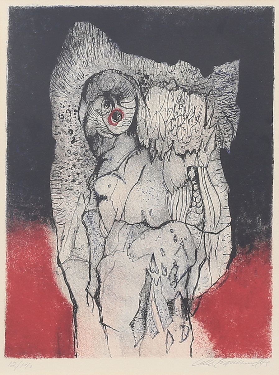 OLLE SVANLUND. Figurkomposition. Färglitografi, signerad och numrerad 12/140, daterad -79.