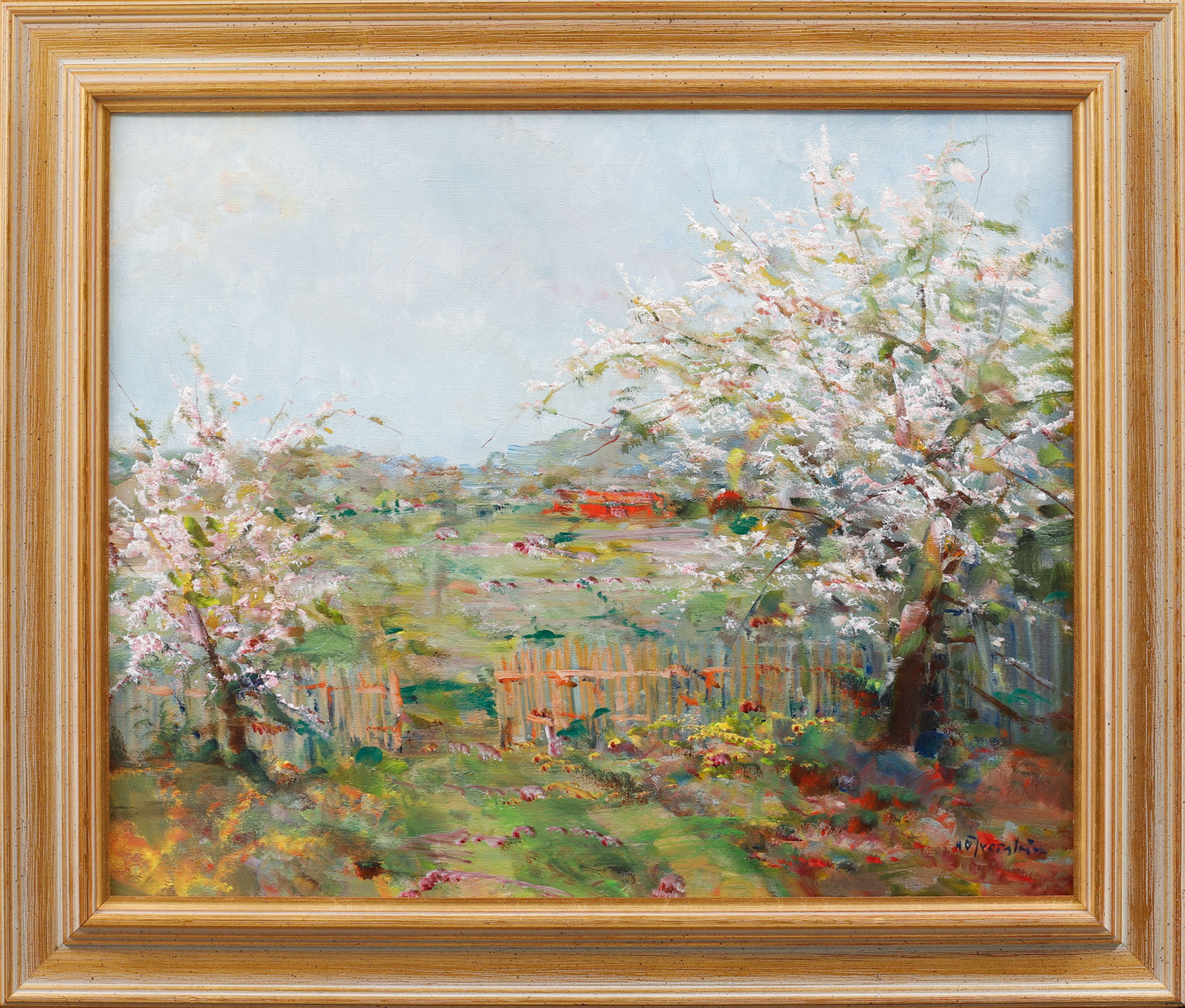 HUGO ÖFVERSTRÖM. Landskap med blommande träd, olja på duk, signerad.