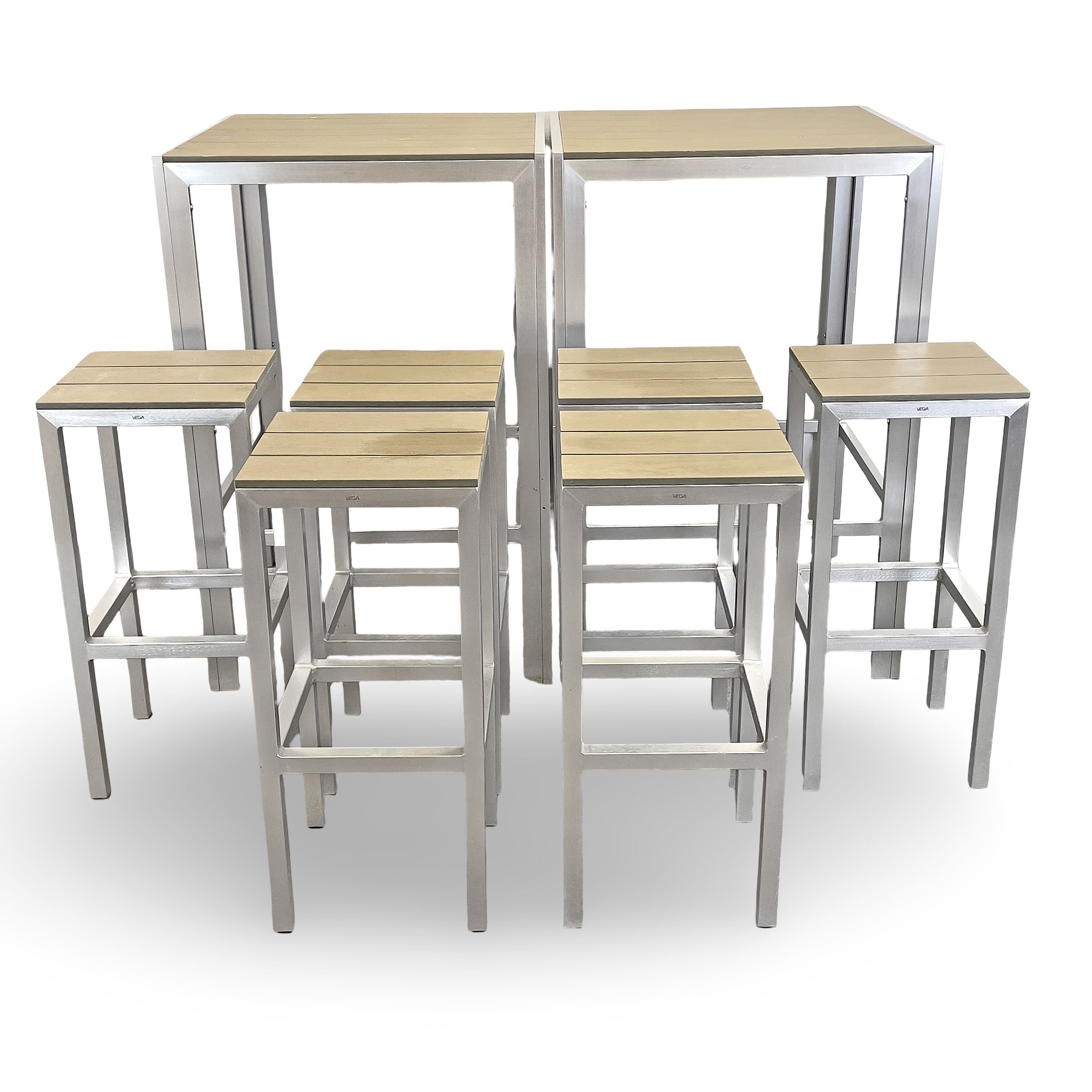 BARBORD, 1 par med BARSTOLAR/PALLAR, 6 st, i aluminium och konstmaterial, märkt Vega.