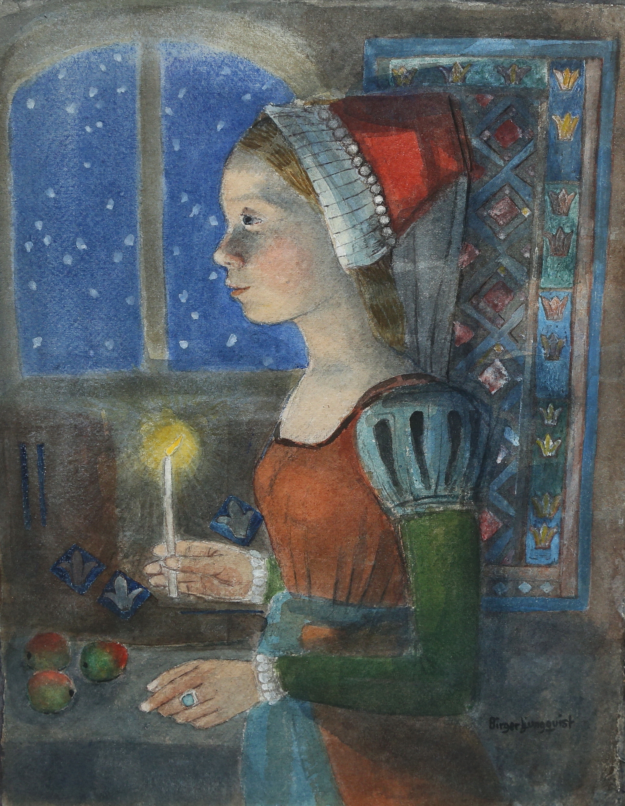 BIRGER  LJUNGQUIST. akvarell, Ljungfrun och ljuset, vinter, signerad.