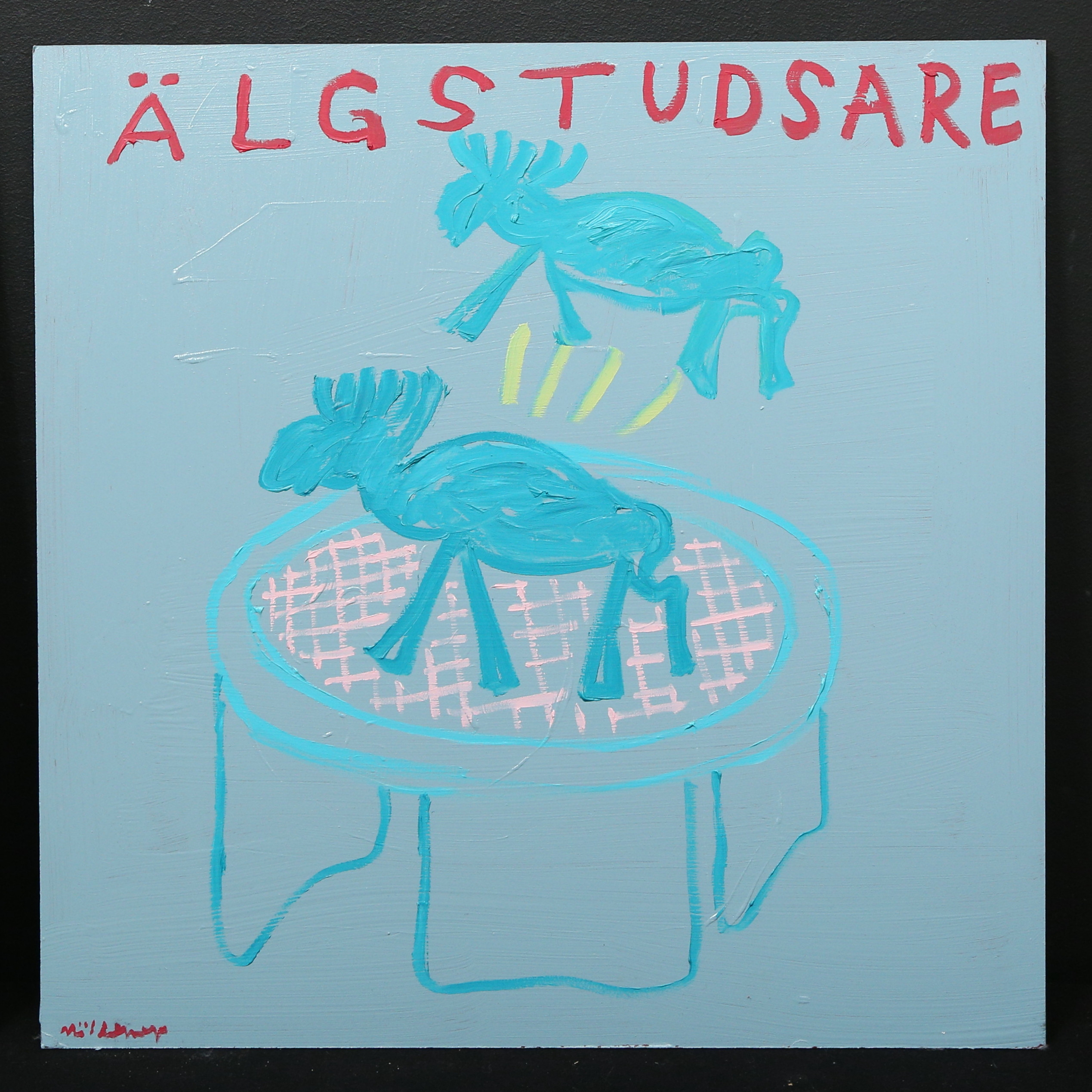 MARTIN MÖLDENER. "Älgstudsare", Olja/akryl på MDF, signerad.