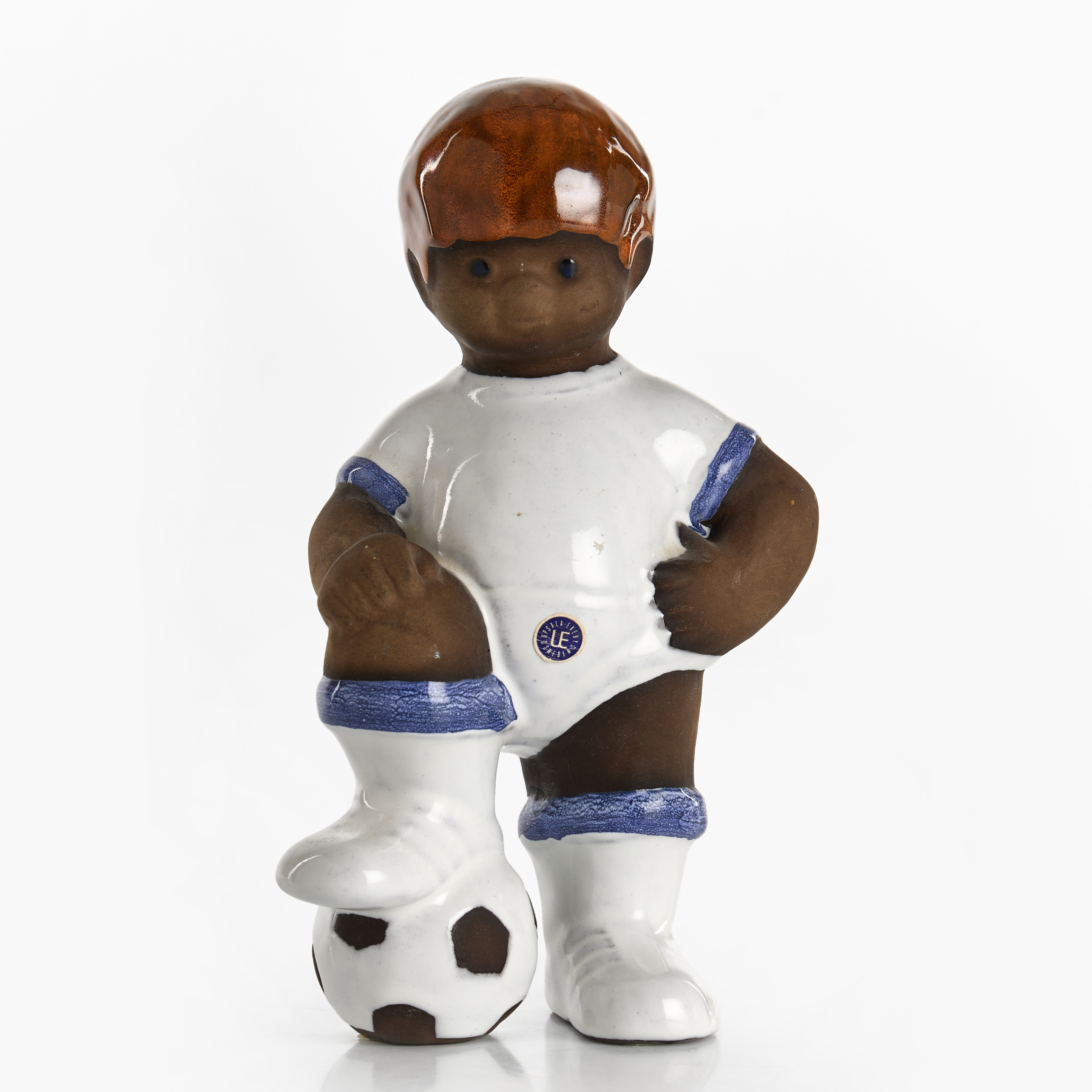 BERIT TERNELL. Figurin, Fotbollsspelare, Upsala Ekeby, 1970-tal glaserat lergods.