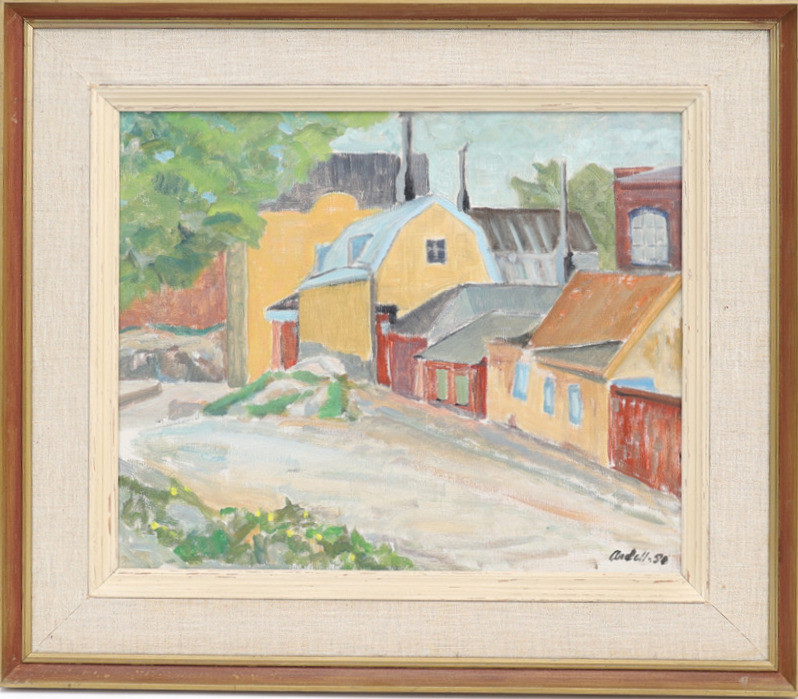 OIDENTIFIERAD KONSTNÄR. Stadsbild, otydligt signerad. Oljemålning på duk.