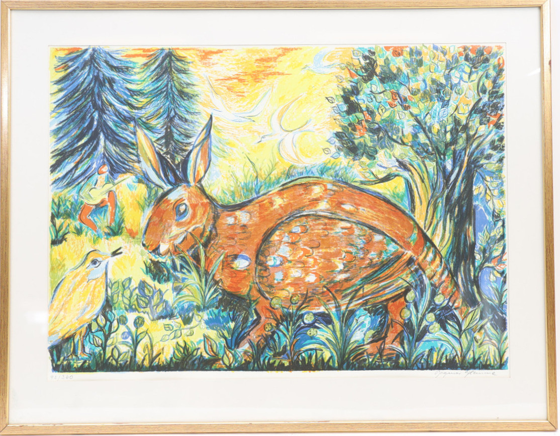 DAGMAR GLEMME. Skogsbild med hare, färglitografi, signerad och numrerad.