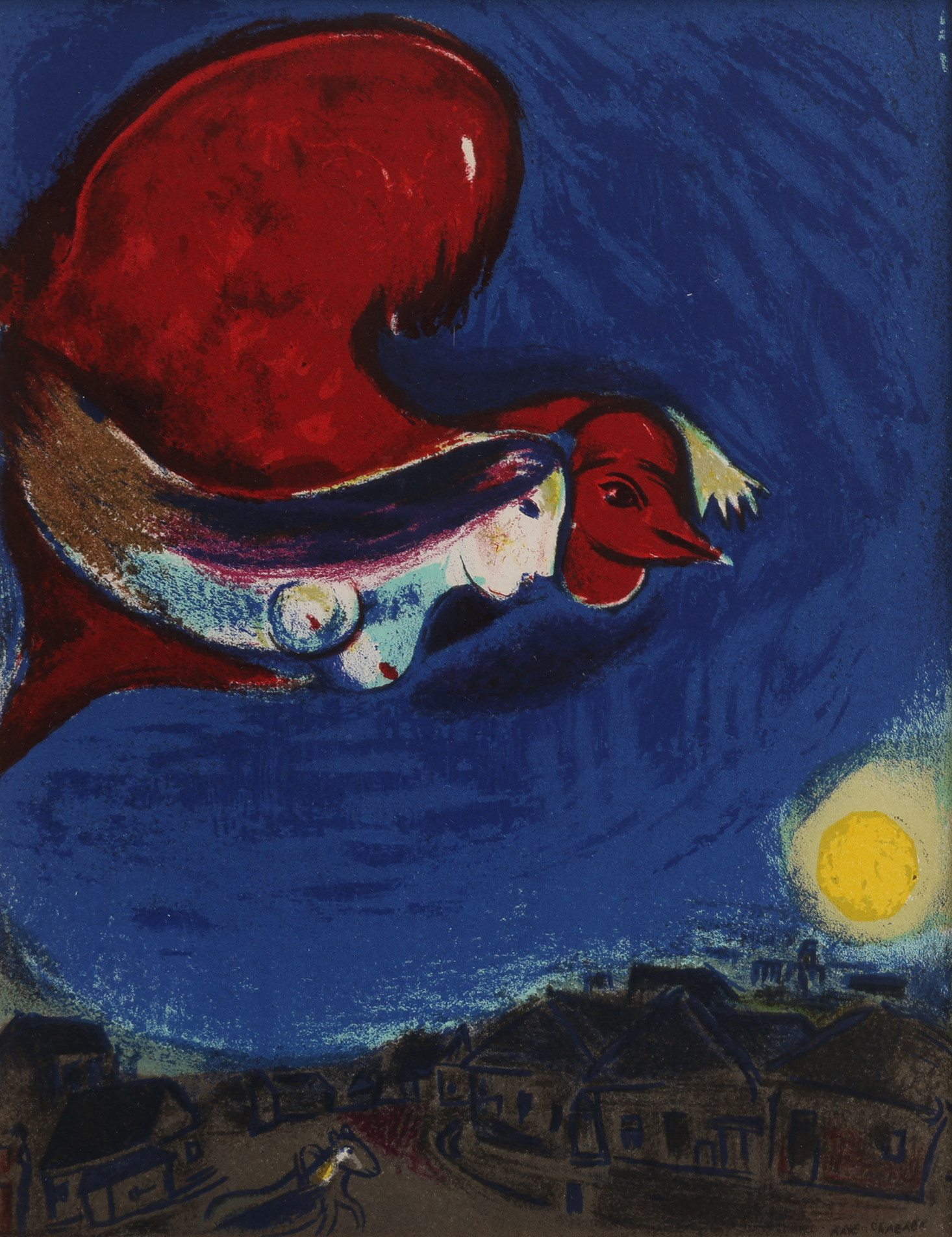 MARC CHAGALL. FÄRGLITOGRAFI, "THE VILLAGE BY NIGHT", UR DERRIÈRE LE MIROIR NR. 27-28 MARS/APRIL 1950, SIGNERAD I TRYCKET.