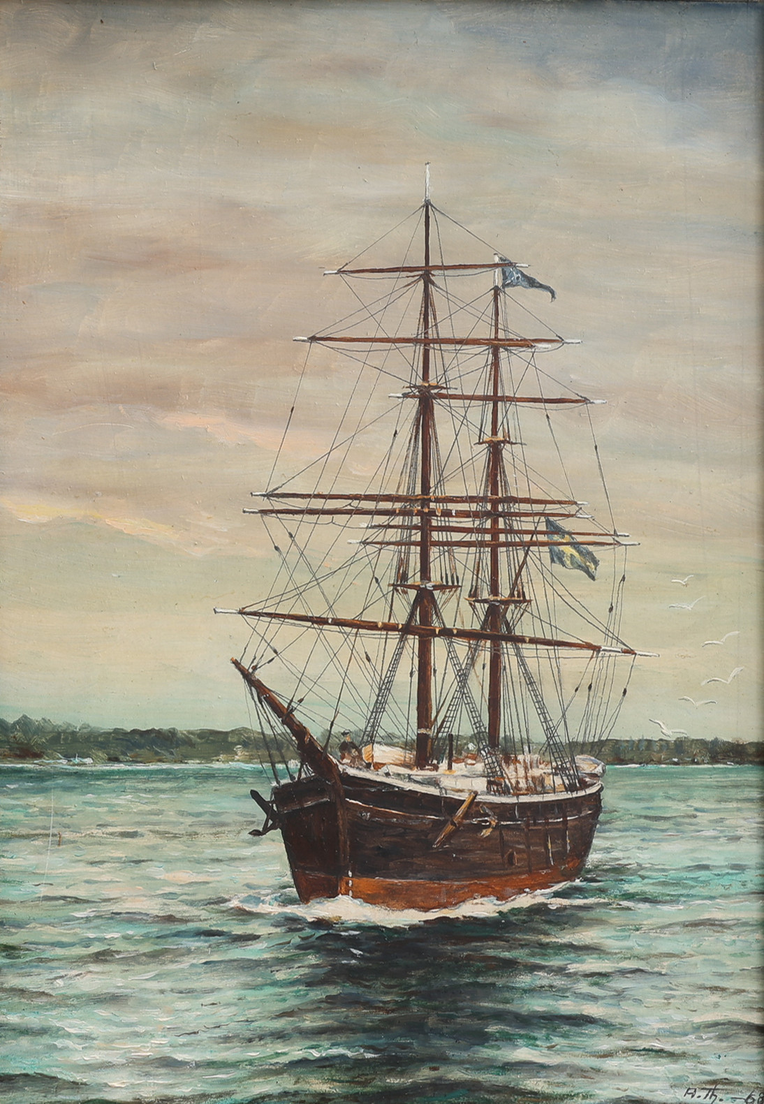 ARNE THRYVELLI (1903-1976). OLJA PÅ PANNÅ, BRIGGEN GERDA, SIGNERAD &. DATERAD -68.