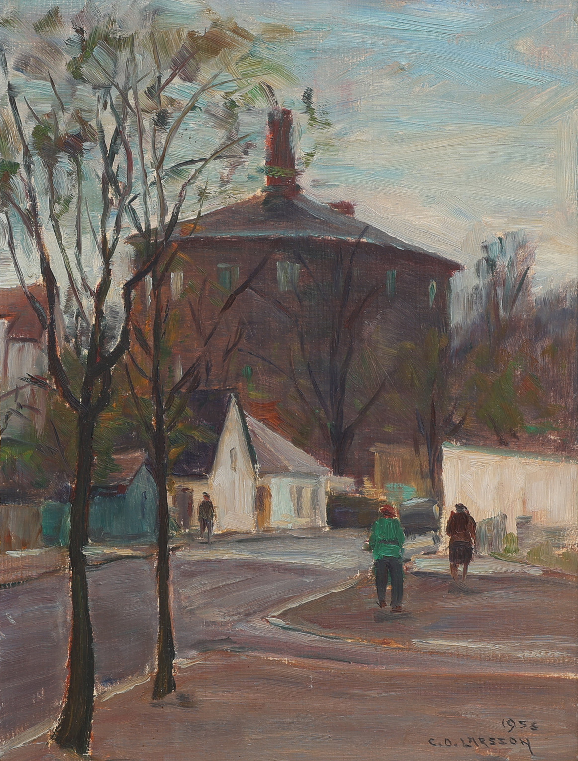 CARL OSCAR LARSSON. OLJA PÅ PANNÅ, MOTIV AV VATTENTORNET I KIRSEBERG FRÅN VATTENVERKSVÄGEN, SIGNERAD & DATERAD 1956.