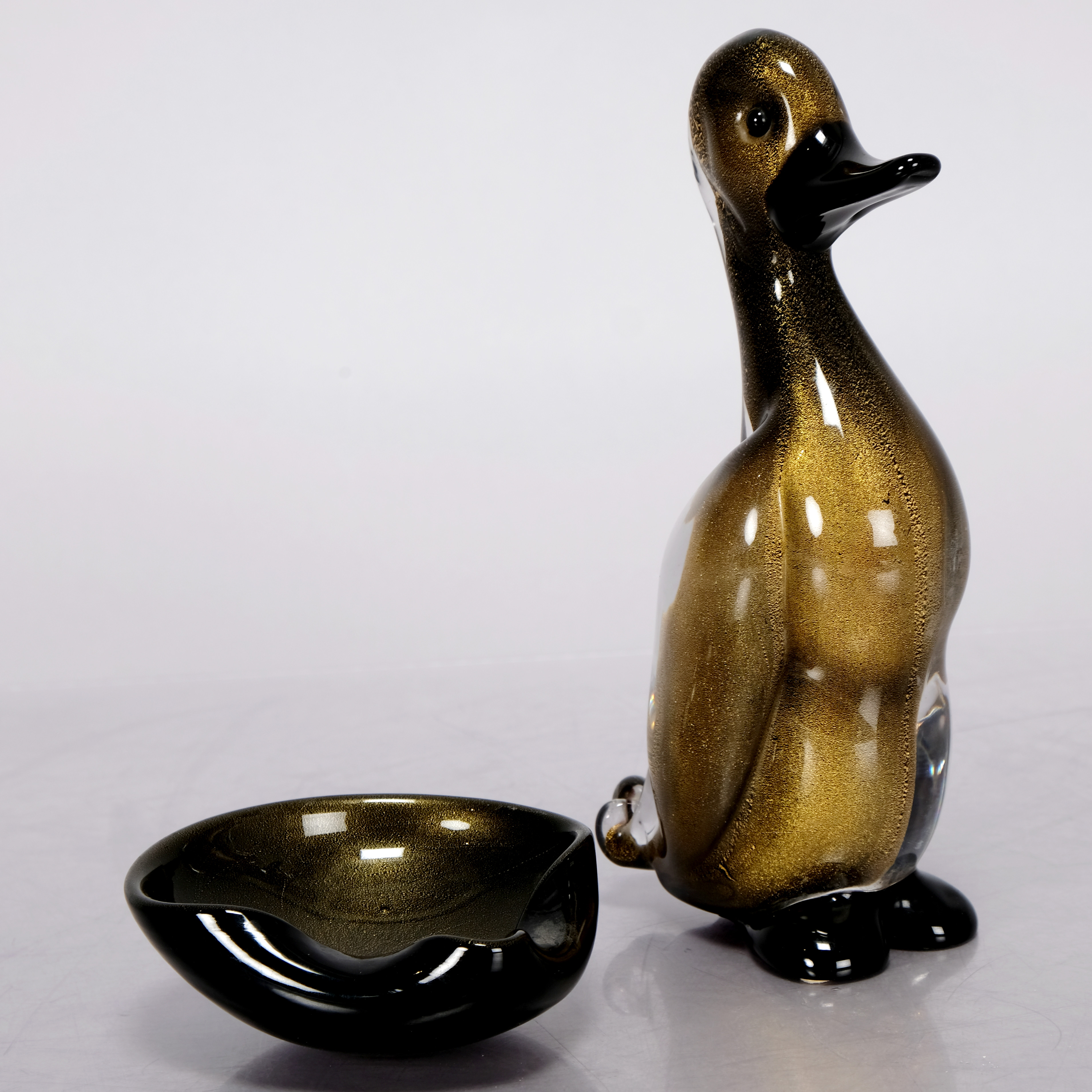 ARCHIMEDE SEGUSO. GLASSKÅL, GLASFÅGEL, Murano, guldmönster, (2delar).