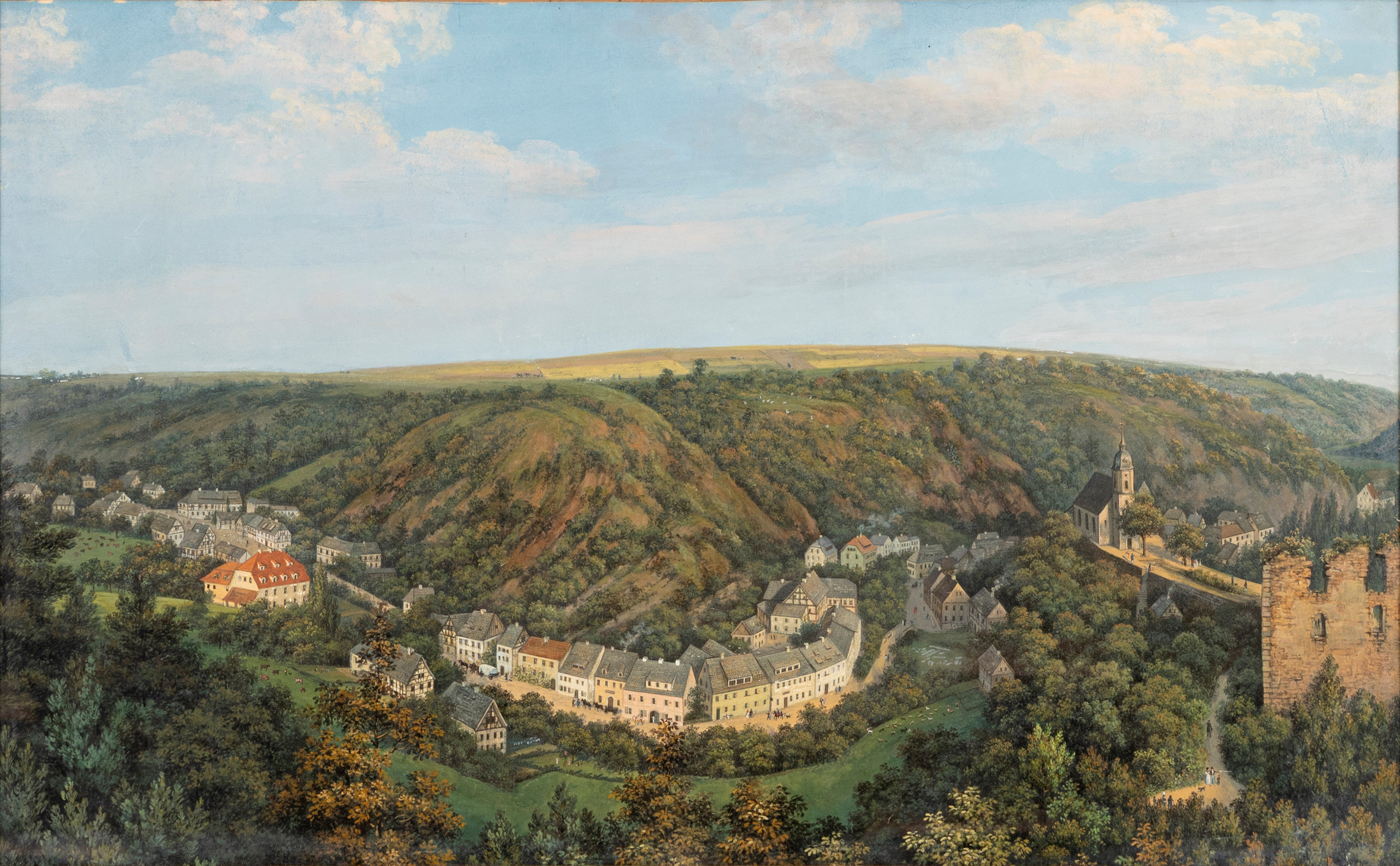 OKÄND KONSTNÄR. Landskap med Kyrka och Ruin, akvarell osignerad, Nordeuropa, 1800-talets första hälft.