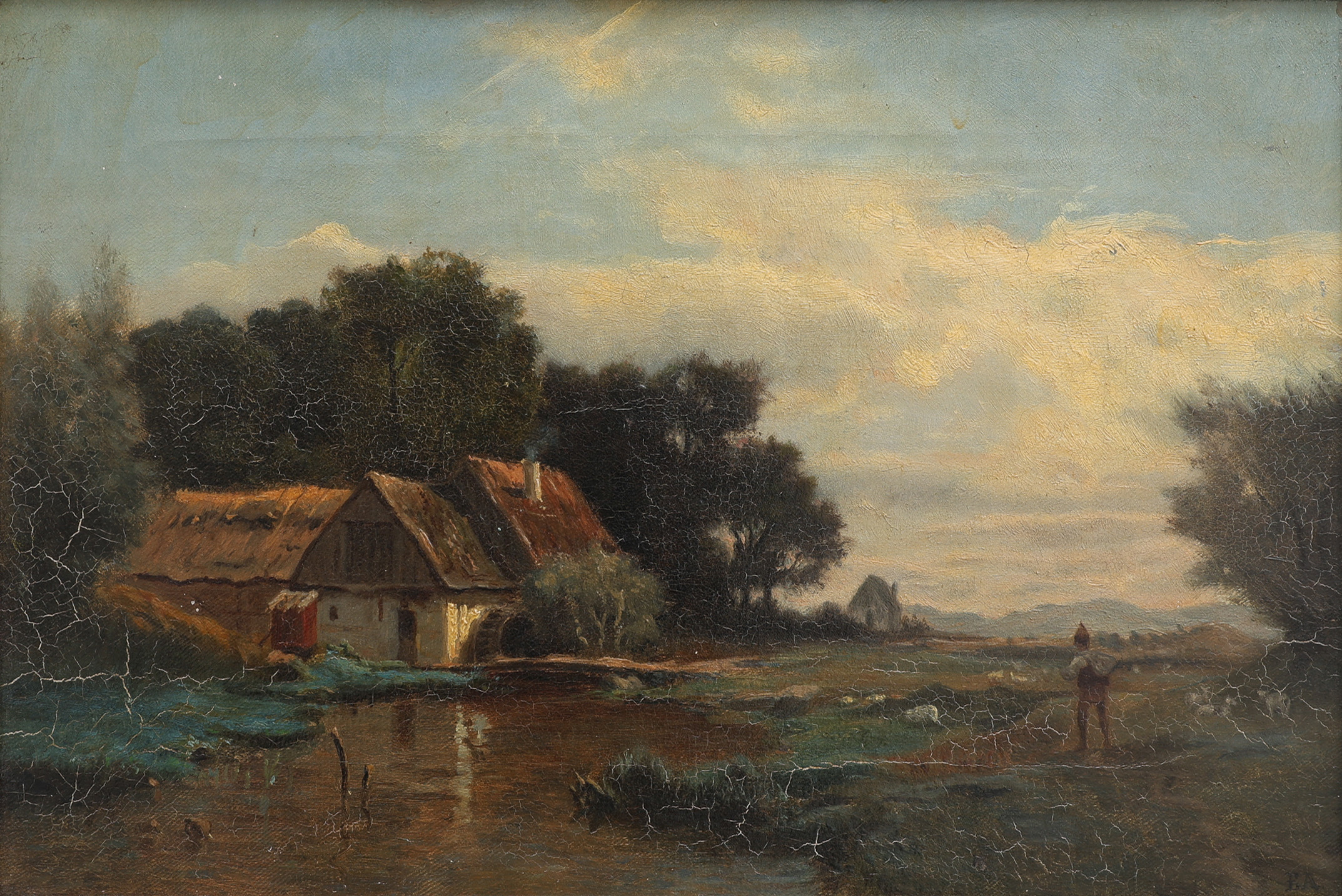 EMIL AHLBERG (SVENSKAMERIKAN, 1865-1903). OLJA PÅ DUK, PASTORALT LANDSKAP, MONOGRAMSIGNERAD, A TERGO DATERAD 1888.