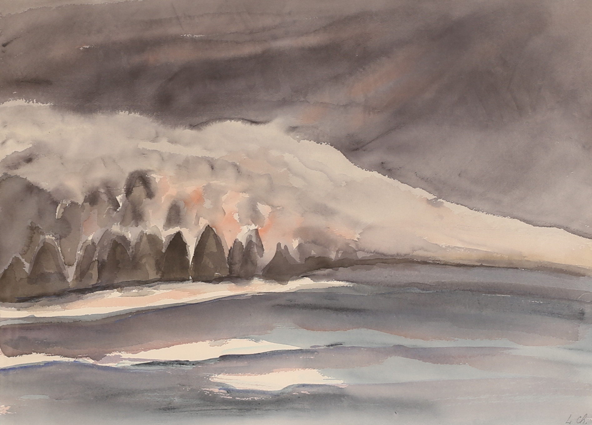 LIISA CHAUDHURI. Akvarell, "En kväll vid Magdalena fjorden, monogramsignerad.