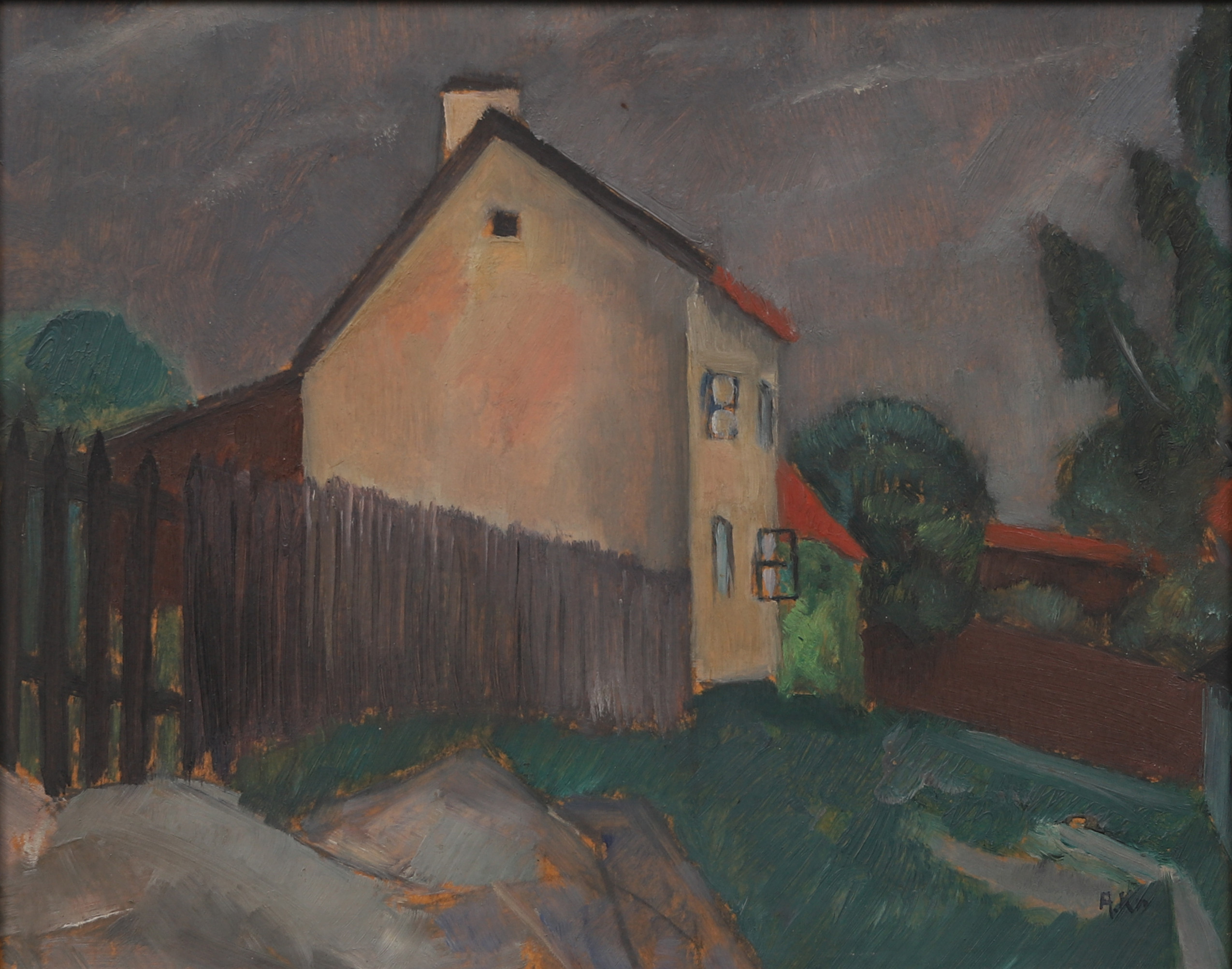 ALBERT KRÜGER. "Åskstämning - motiv från Stockholm", olja på pannå, signerad A.Kr och signerad a tergo daterad 1921.