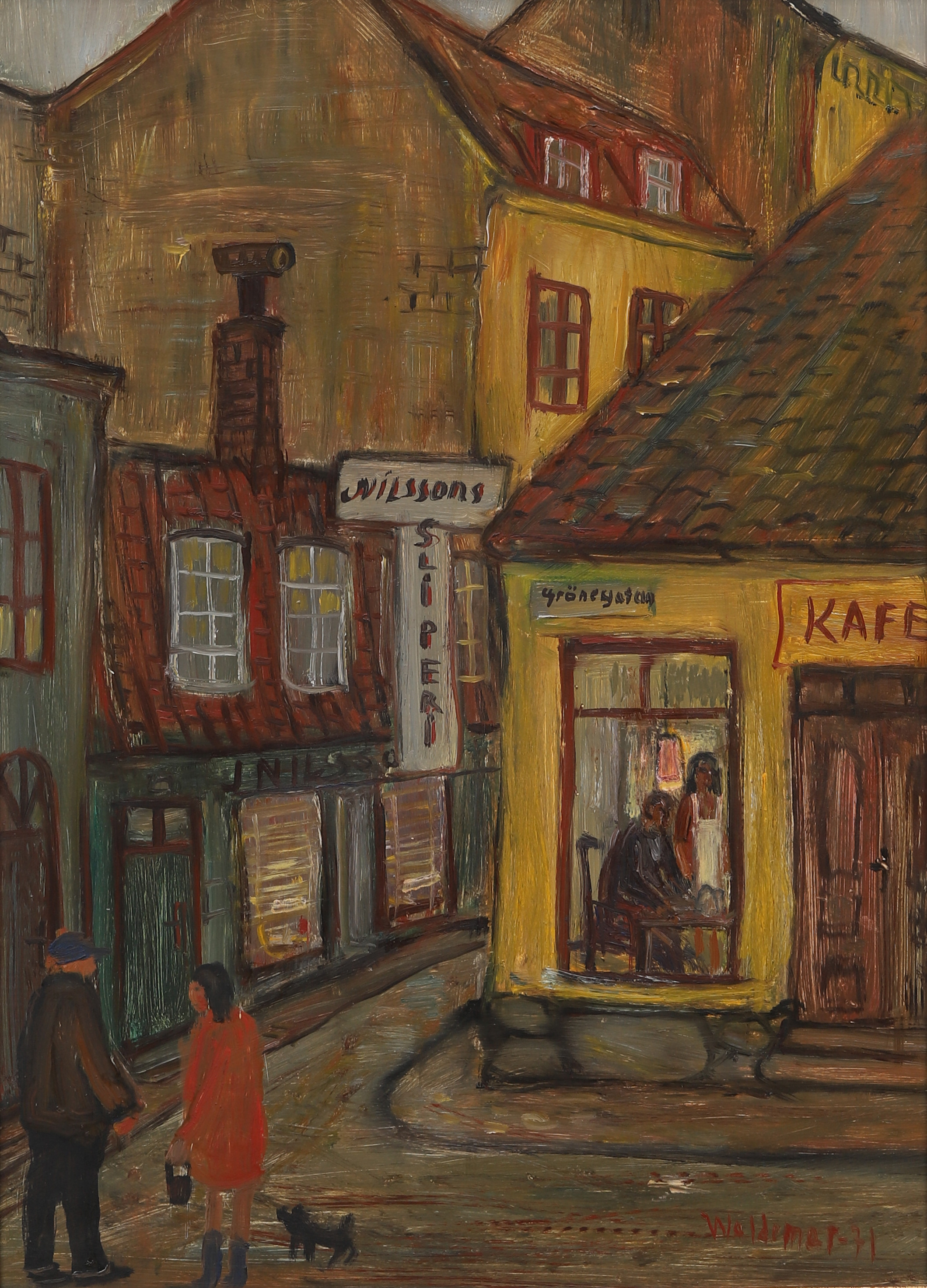 ÅKE WALDEMAR LARSSON. "S.t. Tomasg. Grönegatan, Malmö 1971", olja på pannå, signerad.