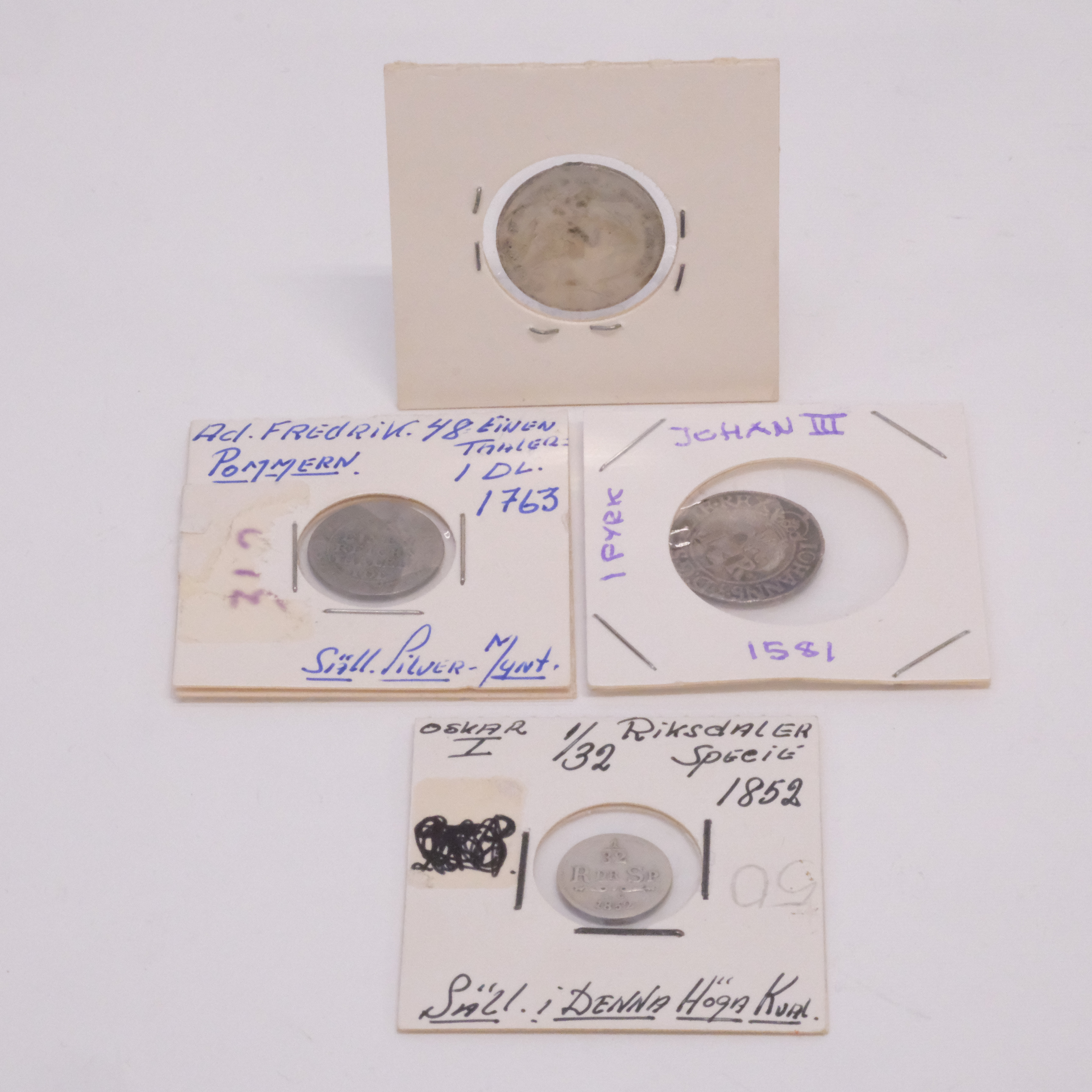FYRA SVENSKA SILVERMYNT, 1500-TAL, 1700-TAL OCH 1800-TAL.