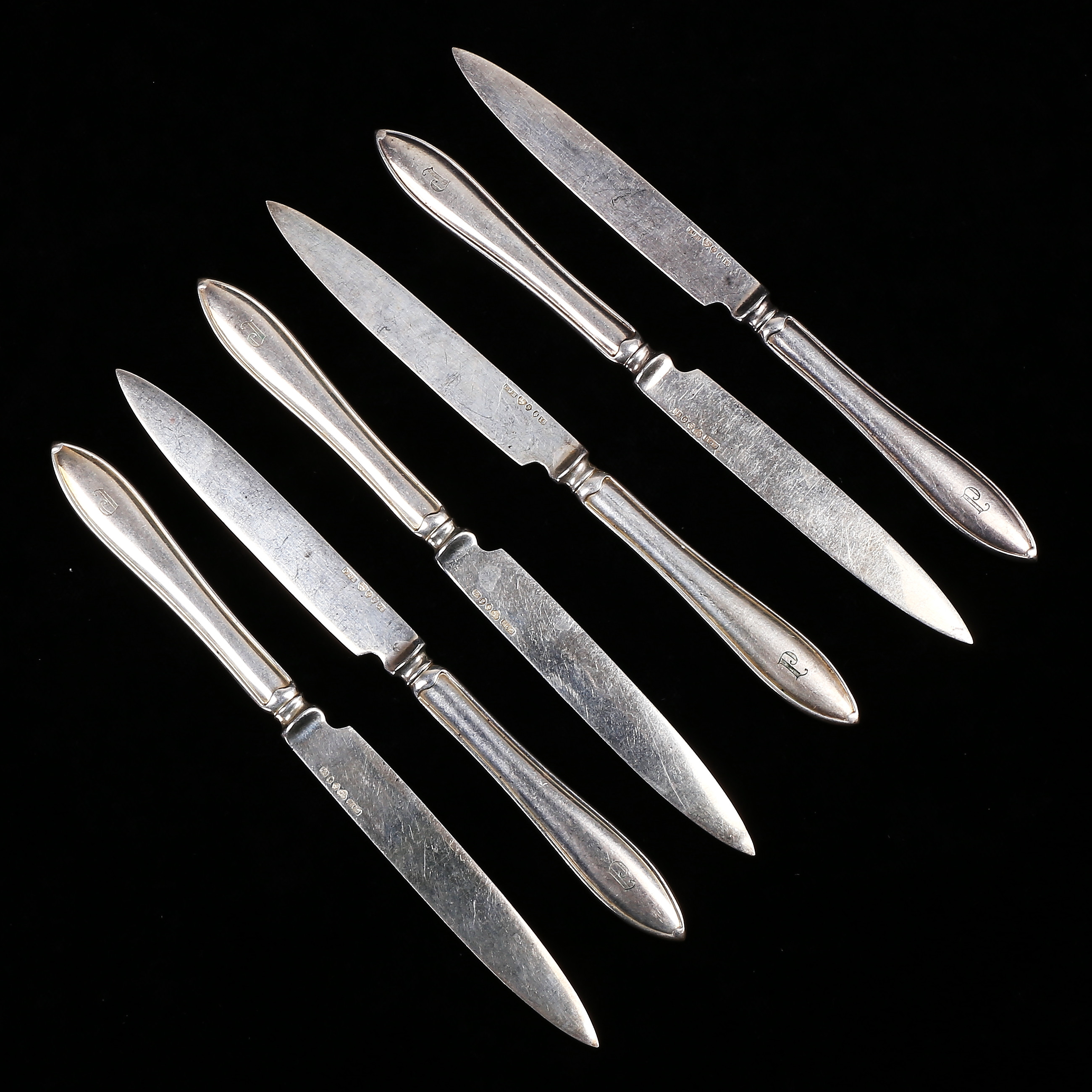 FRUKTKNIVAR, 6 st, silver, "Svensk Spetsig", CG Hallberg, Stockholm 1935, vikt 188 gram.
