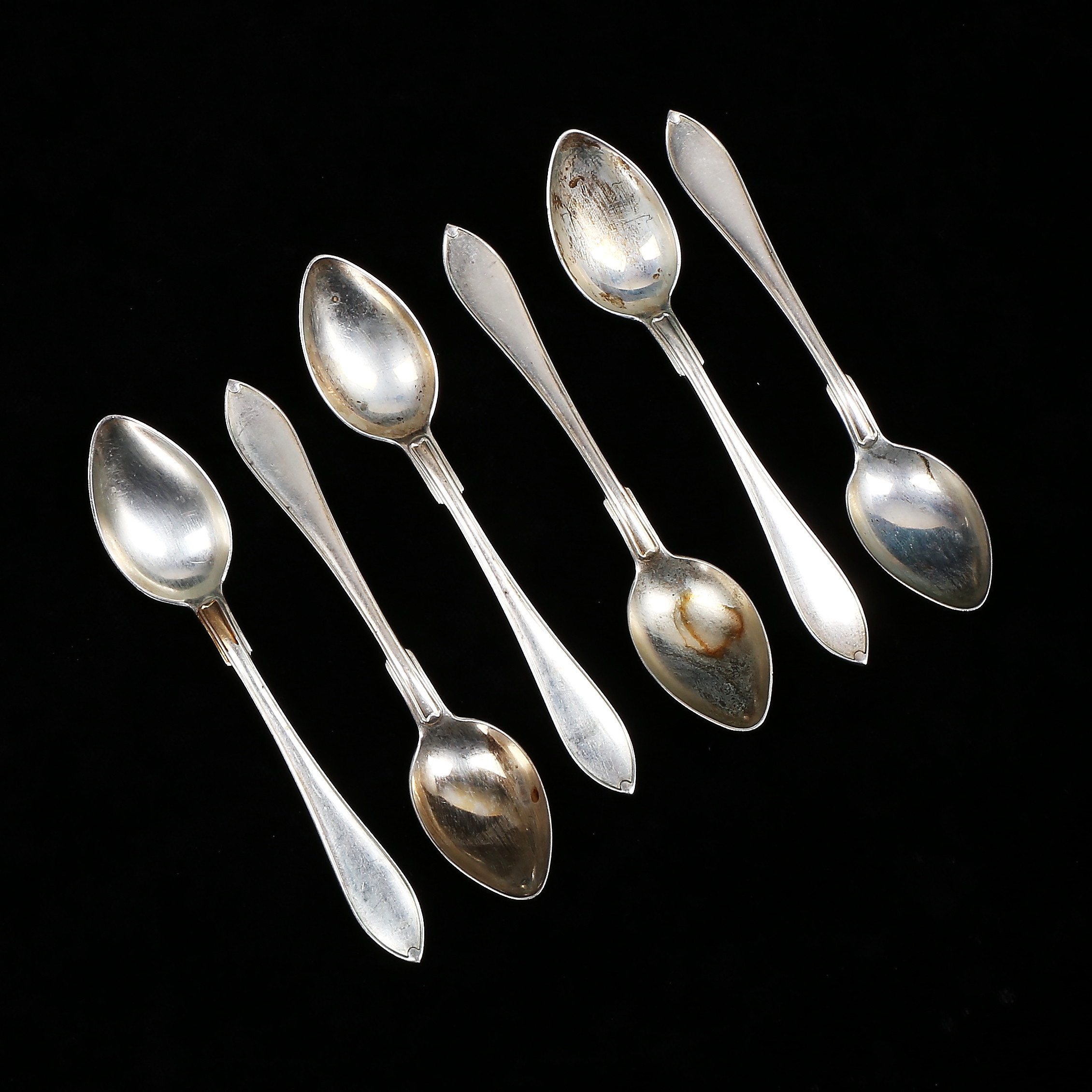KAFFESKEDAR, 6 st, silver, "Svensk Spetsig", GAB, Stockholm 1919, vikt 83 gram.