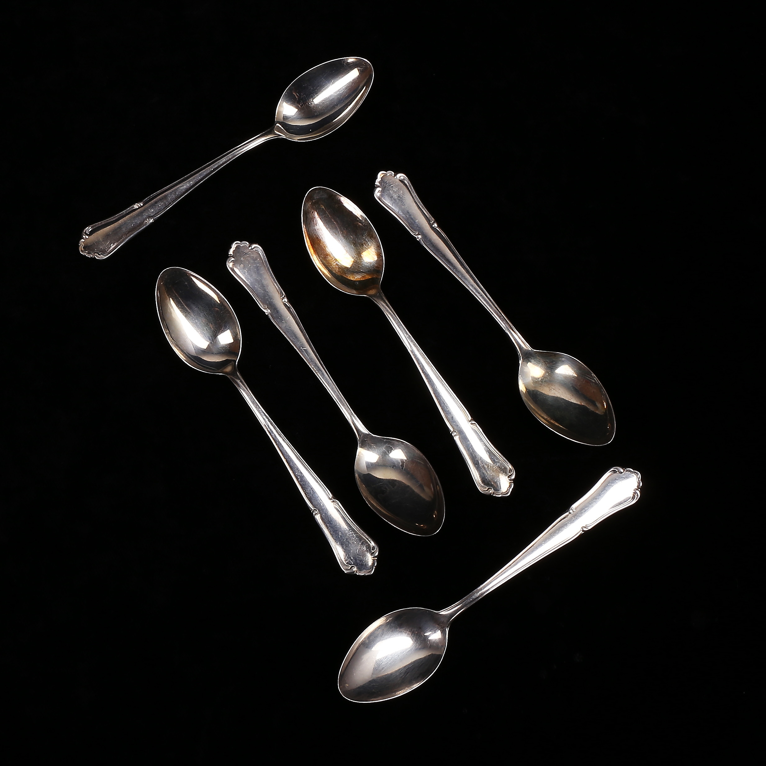 KAFFESKEDAR, 6 st, silver, "Saga", Skandia, Stockholm 1947, vikt 93 gram.