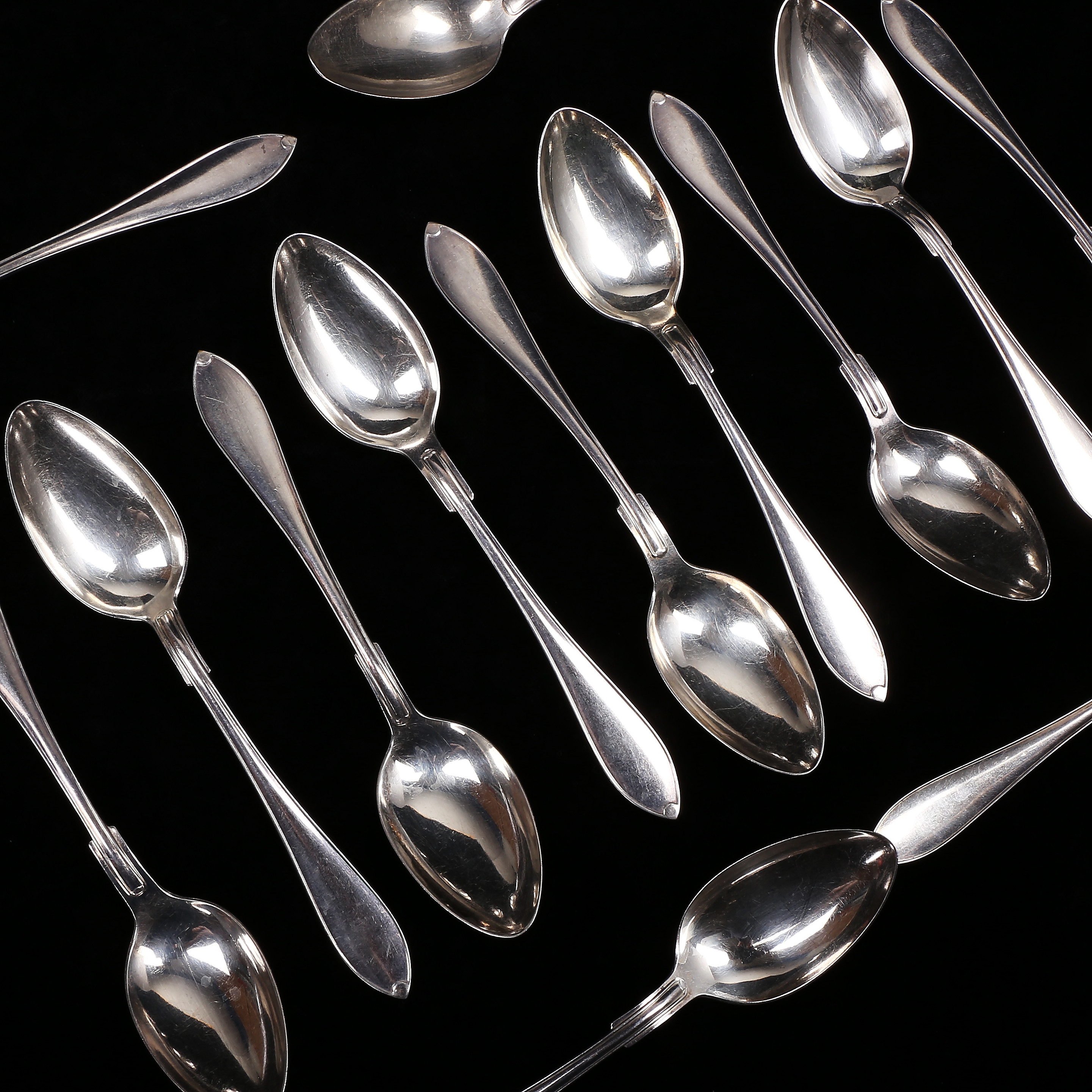 MATSKEDAR, 14 st, silver, "Svensk Spetsig", GAB, Stockholm, vikt 513 gram.
