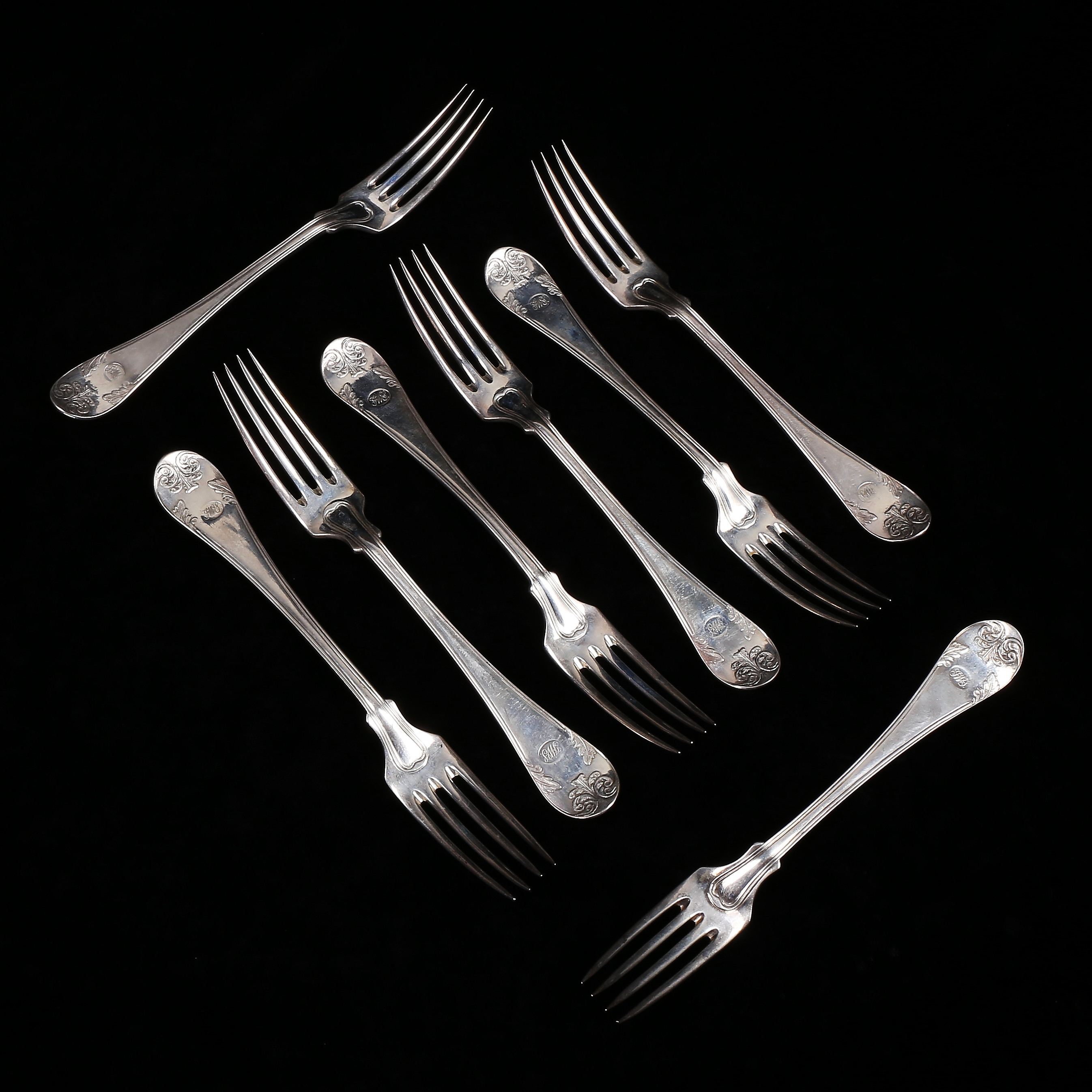 GAFFLAR, 8 st, silver, "Gammal Fransk", Anders Lundqvist, Stockholm 1835, vikt 540 gram.