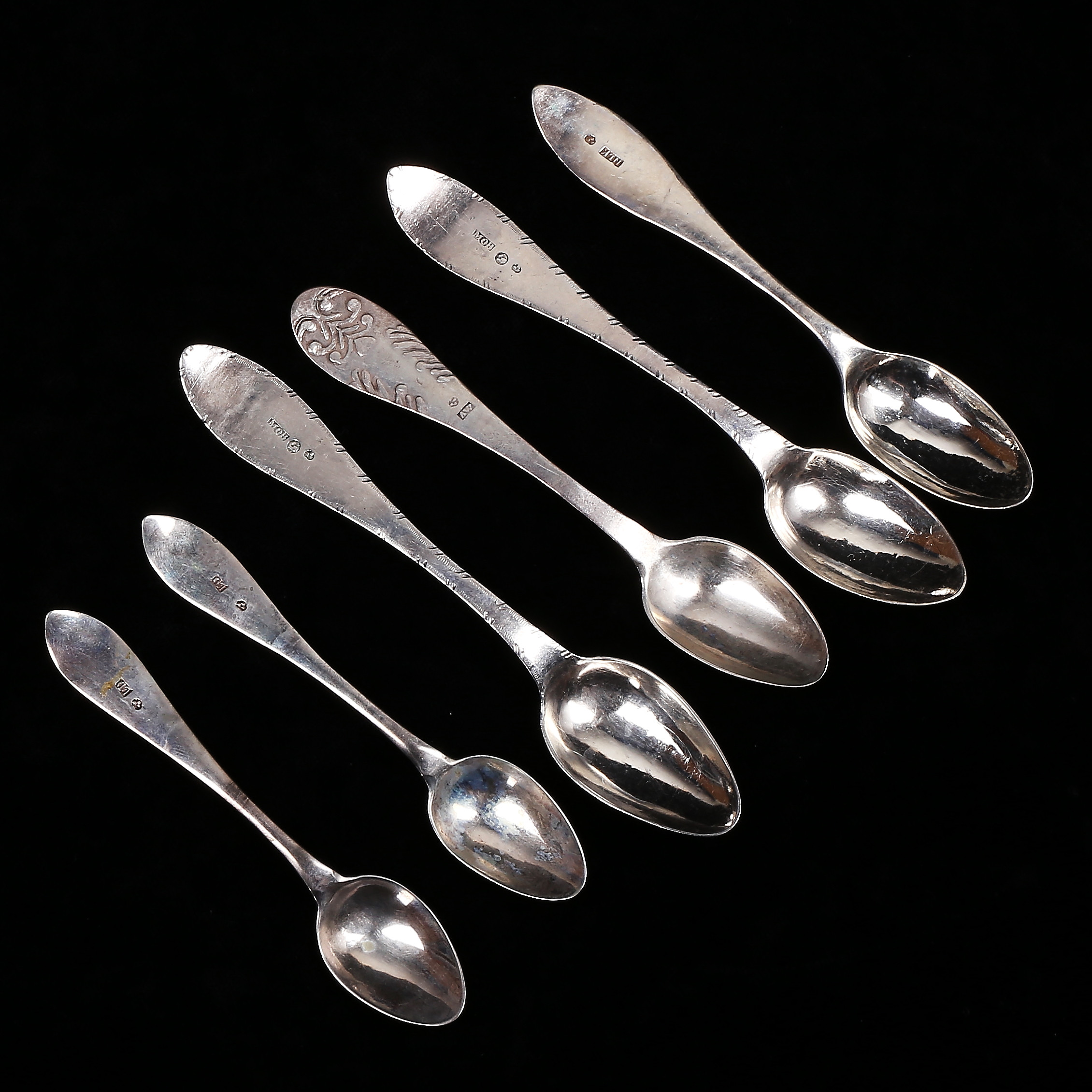 SKEDAR, 6 st, silver, olika modeller, 1800-tal, vikt 60 gram.