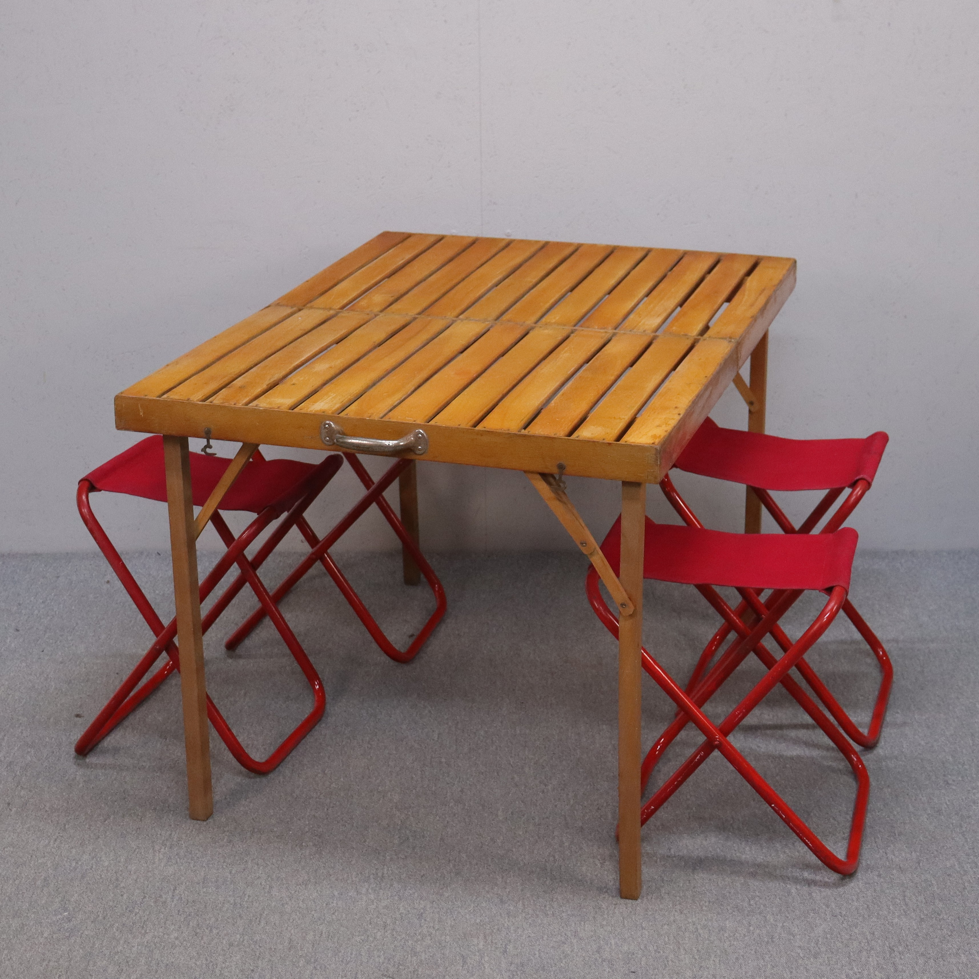 CAMPING/PICKNICK SET, 5 delar, trä/tyg/metall, hopfällbart, 1960/70-tal.