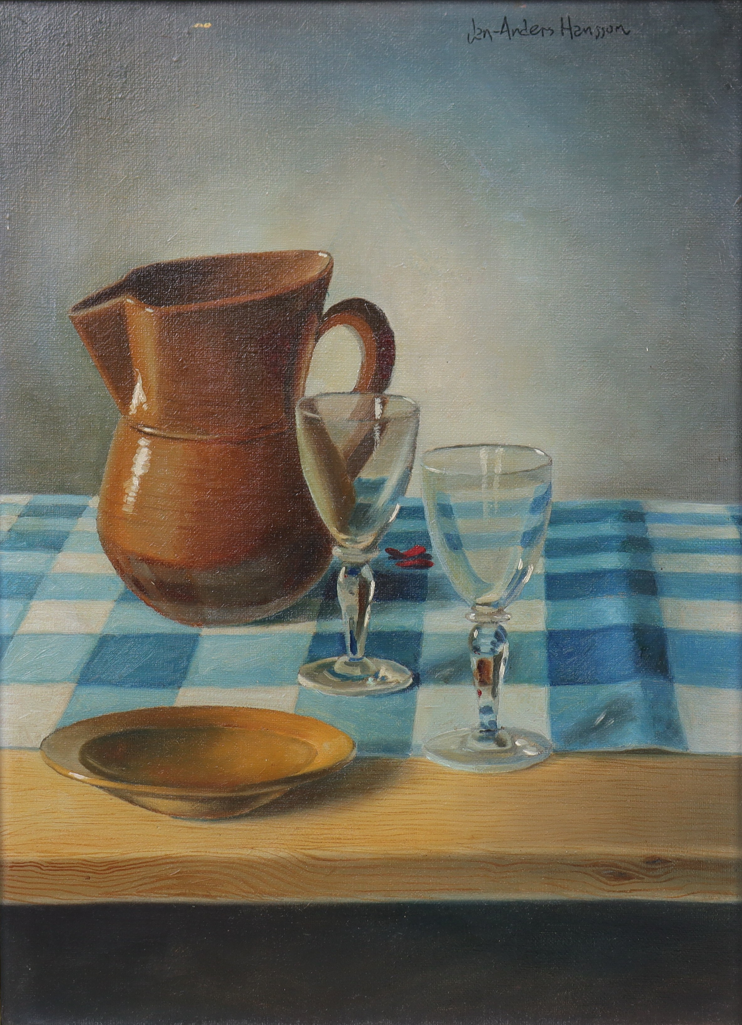 JAN-ANDERS HANSSON. olja på duk, "Tomma glas" stilleben.