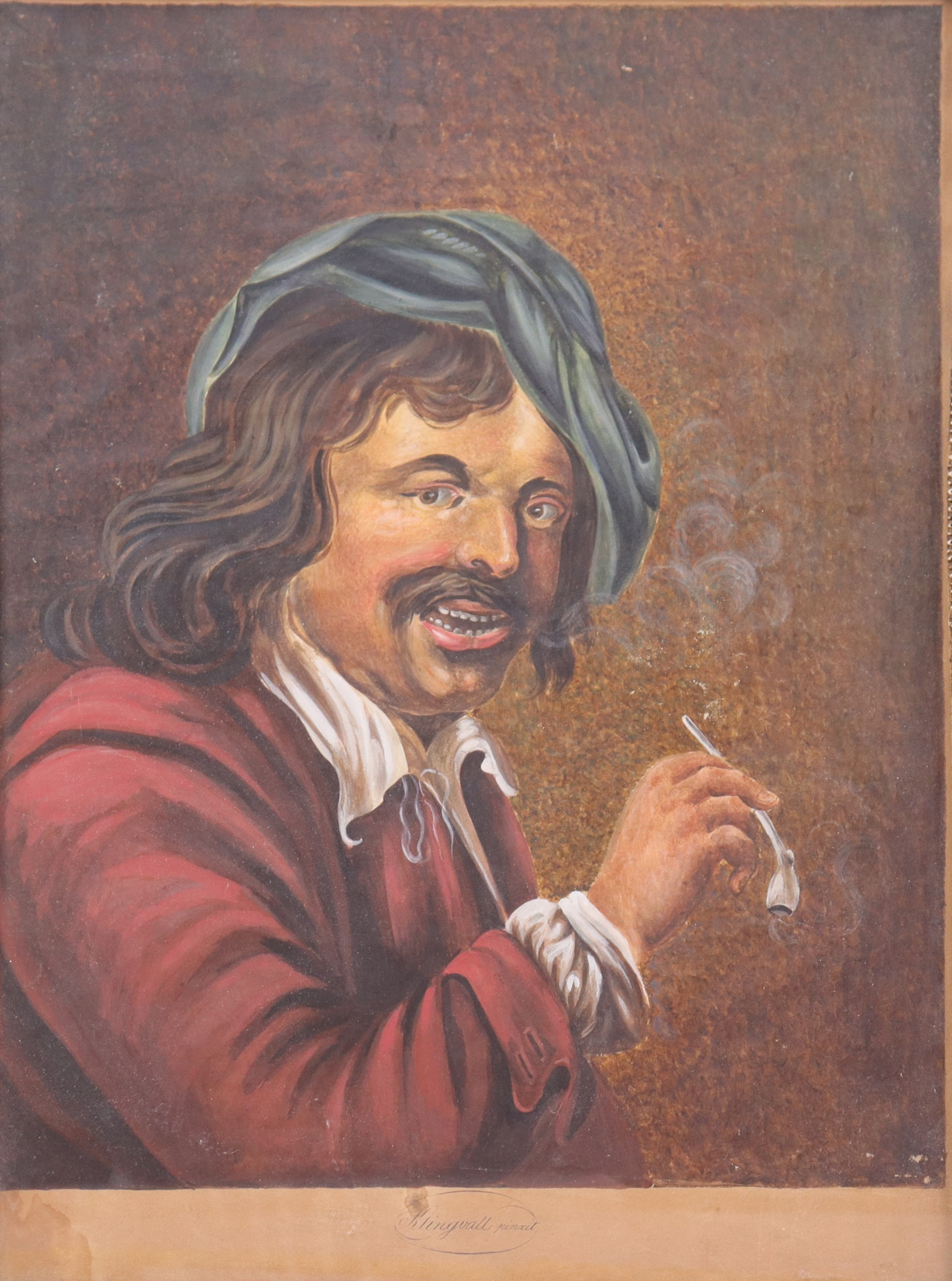 JACOB GUSTAF KLINGVALL (1786-1866). TILLSKRIVEN. akvarell/gouache, porträtt av piprökande man, 1800-tal.