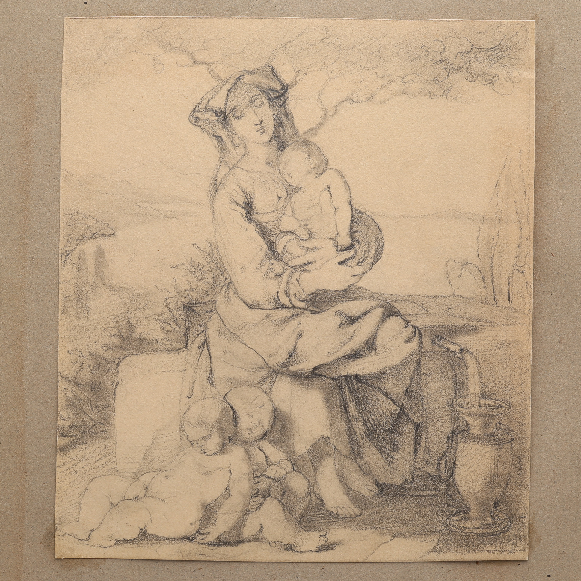 ELISABETH JERICHAU BAUMANN 1819-1881. GRAFIT PÅ PAPPER, MADONNA MED SOVANDE JESUSBARN OCH TVÅ PUTTI, OSIGNERAD, 1800-TALETS MITT.