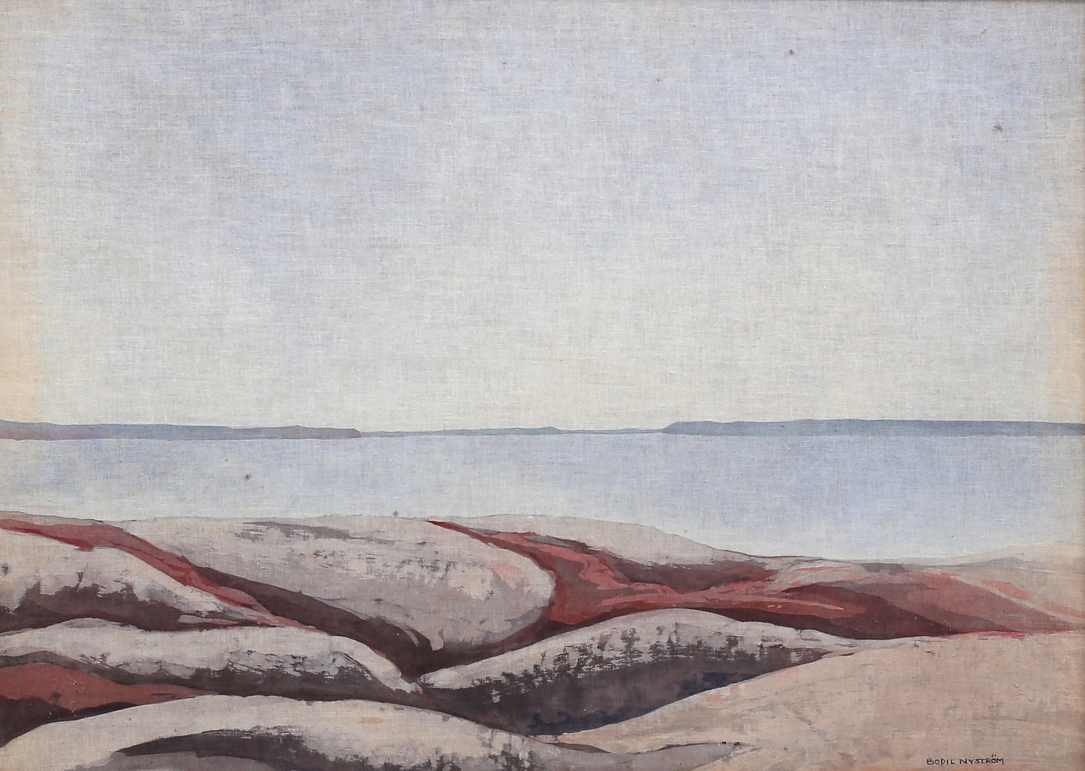 BODIL NYSTRÖM. Landskap, textiltavla, signerad.