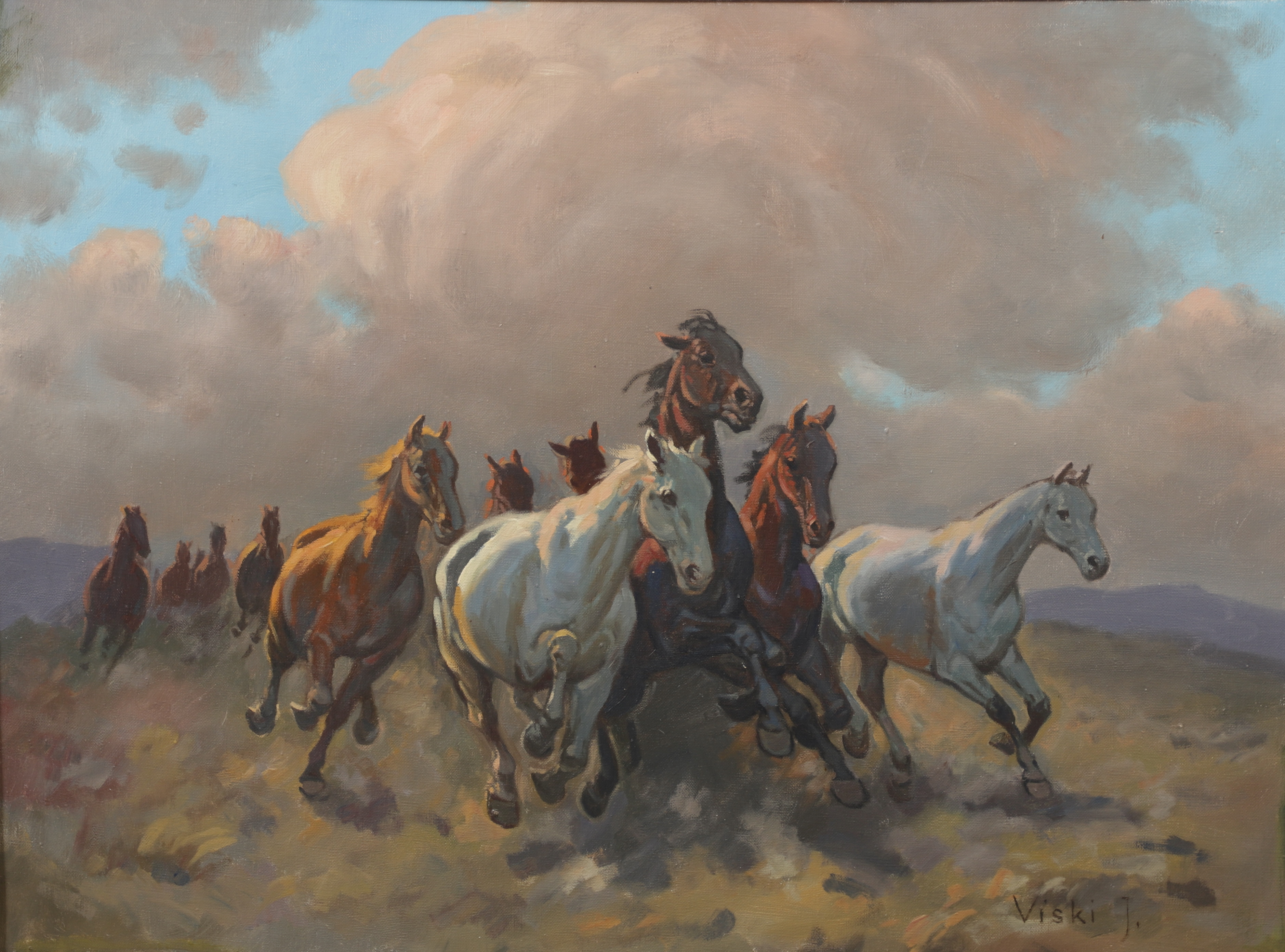 JANOS VISKI (1891-1987). Galopperande hästar, olja på duk, signerad.