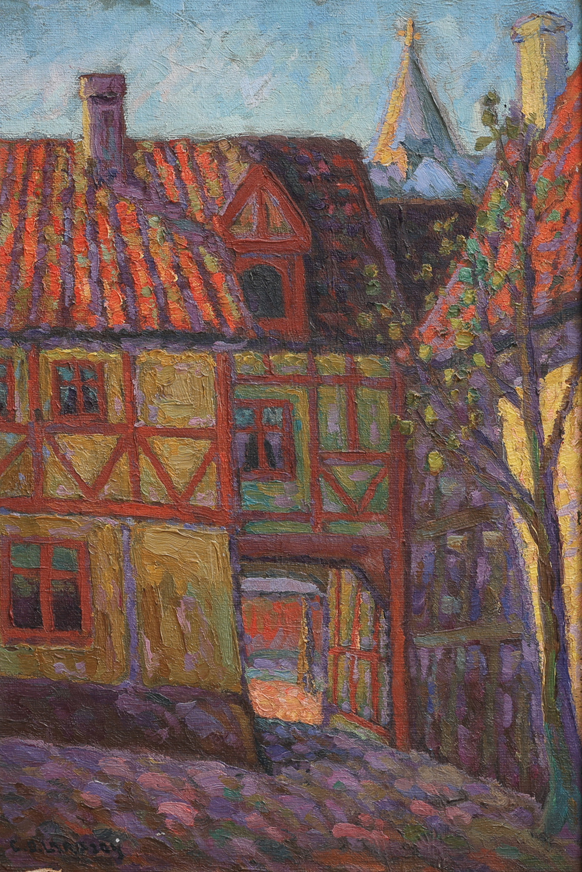 CARL OSCAR LARSSON. OLJA PÅ DUK, SKÅNSKT STADSMOTIV, SIGNERAD.