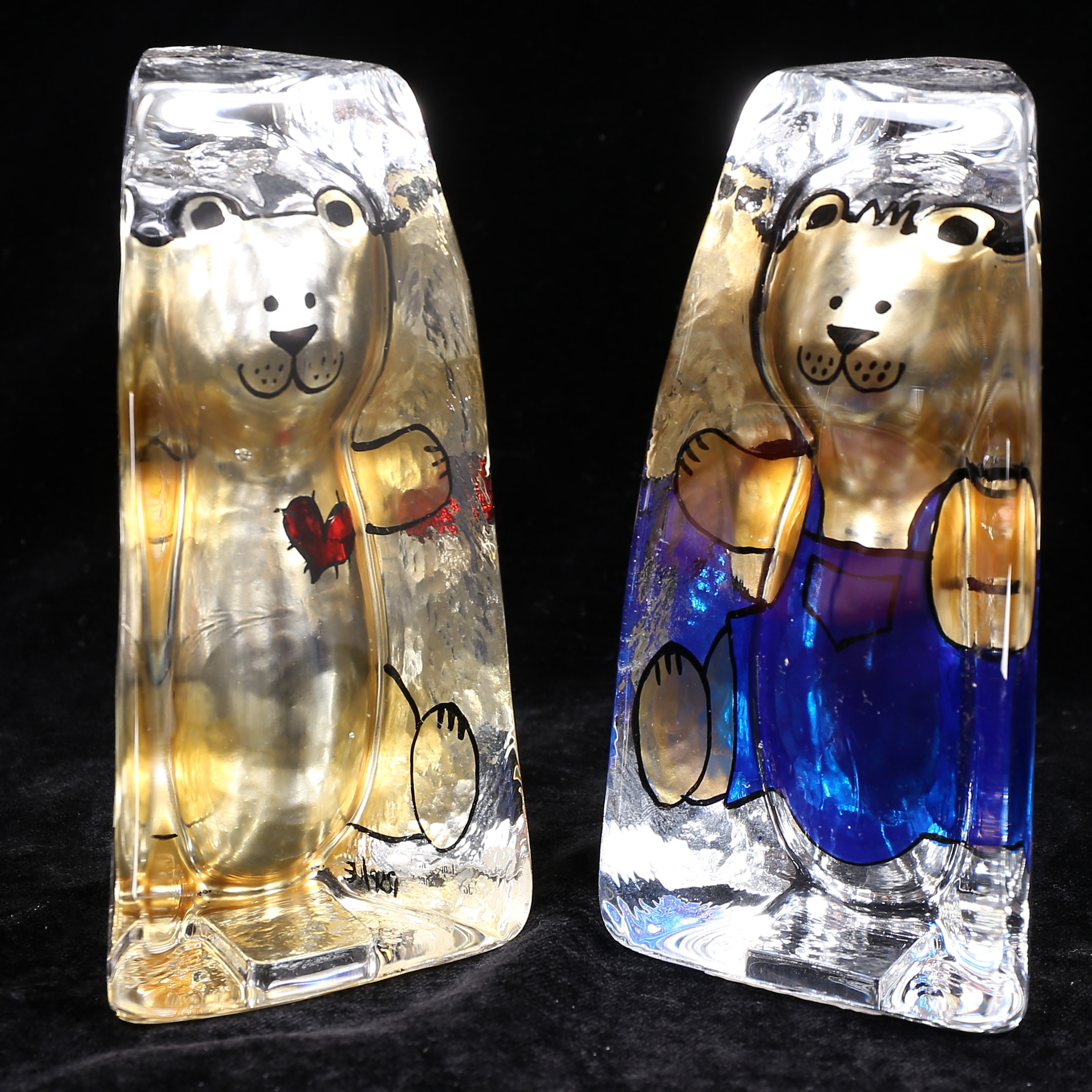 RENATE STOCK PAULSSON. Skulpturer, 2 st, glas, nallebjörnar, Sea Glasbruk.