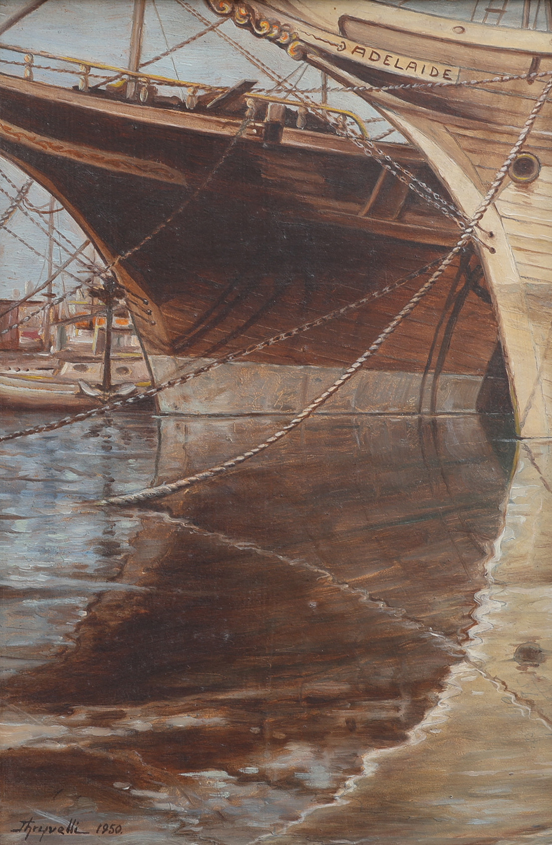 ARNE THRYVELLI (1903-1976). OLJA PÅ PANNÅ, "J HAMN", SIGNERAD & DATERAD 1950.