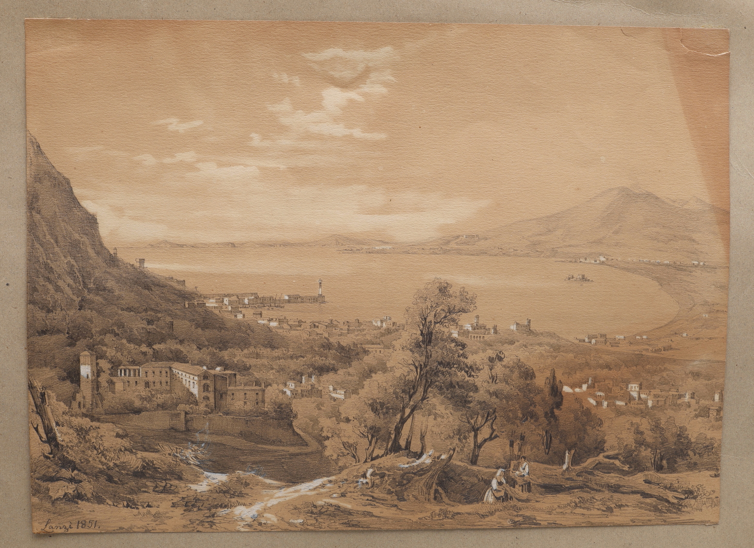 JULIUS LANGE 1817-1878. GRAFIT OCH TÄCKVITT PÅ PAPPER, ITALIENSKT SJÖLANDSKAP, SIGNERAD OCH DATERAD 1851.
