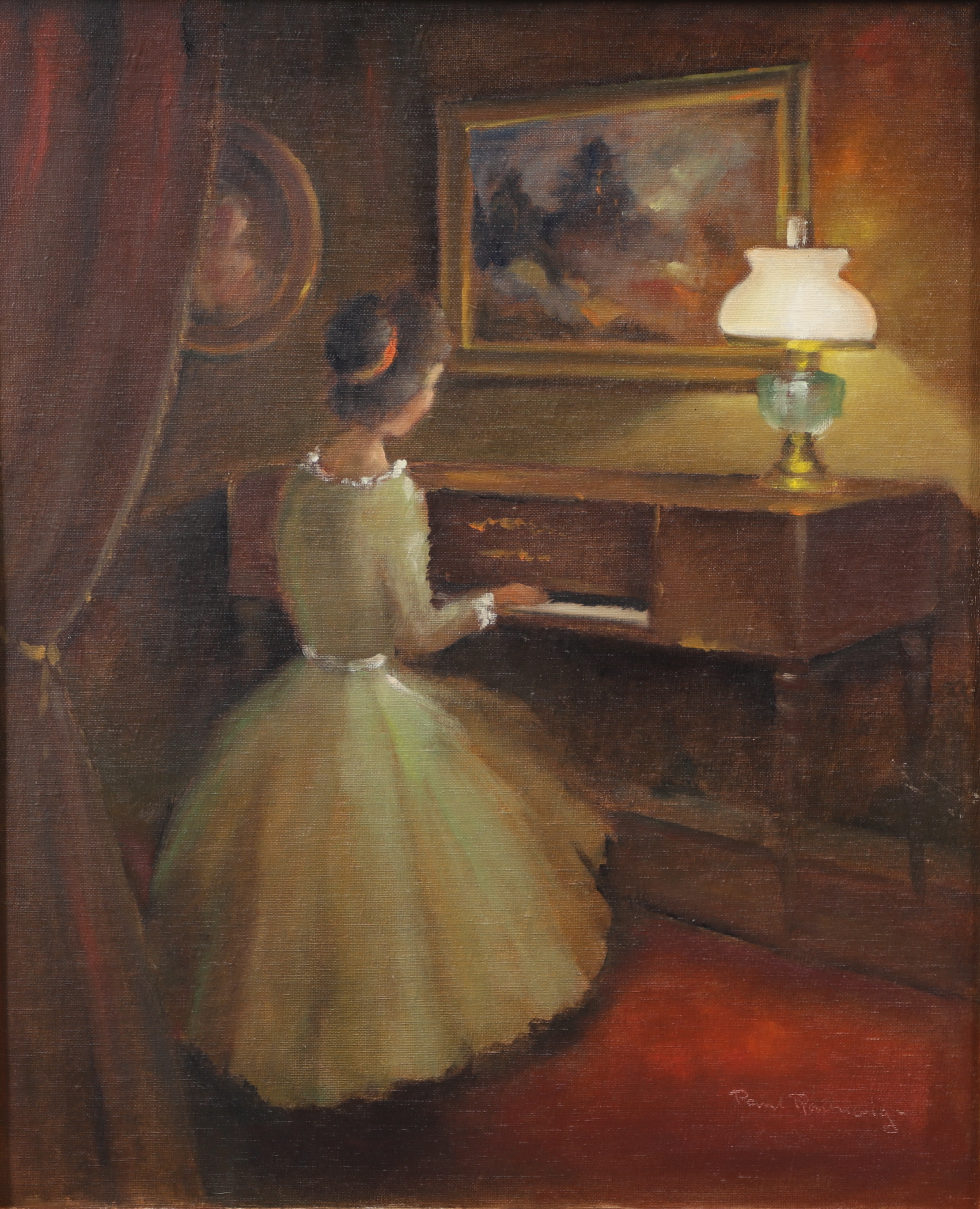 PAUL RAVNVIG. Kvinna vid piano, olja på duk, signerad.