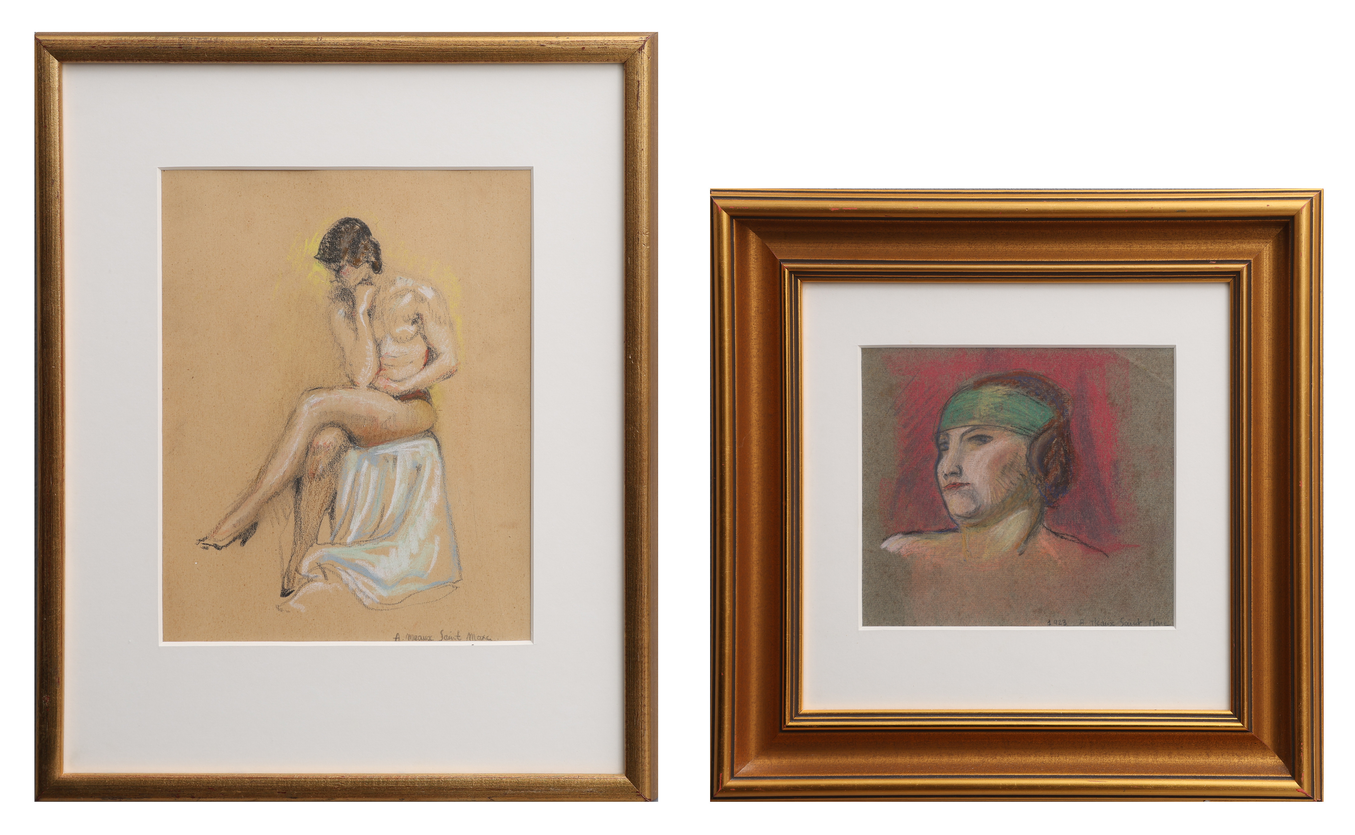 ANDRÉ MEAUX SAINT-MARC (1885-1941). PASTELLER, 2 ST, PORTRÄTT & MODELLSTUDIE, SIGNERADE.