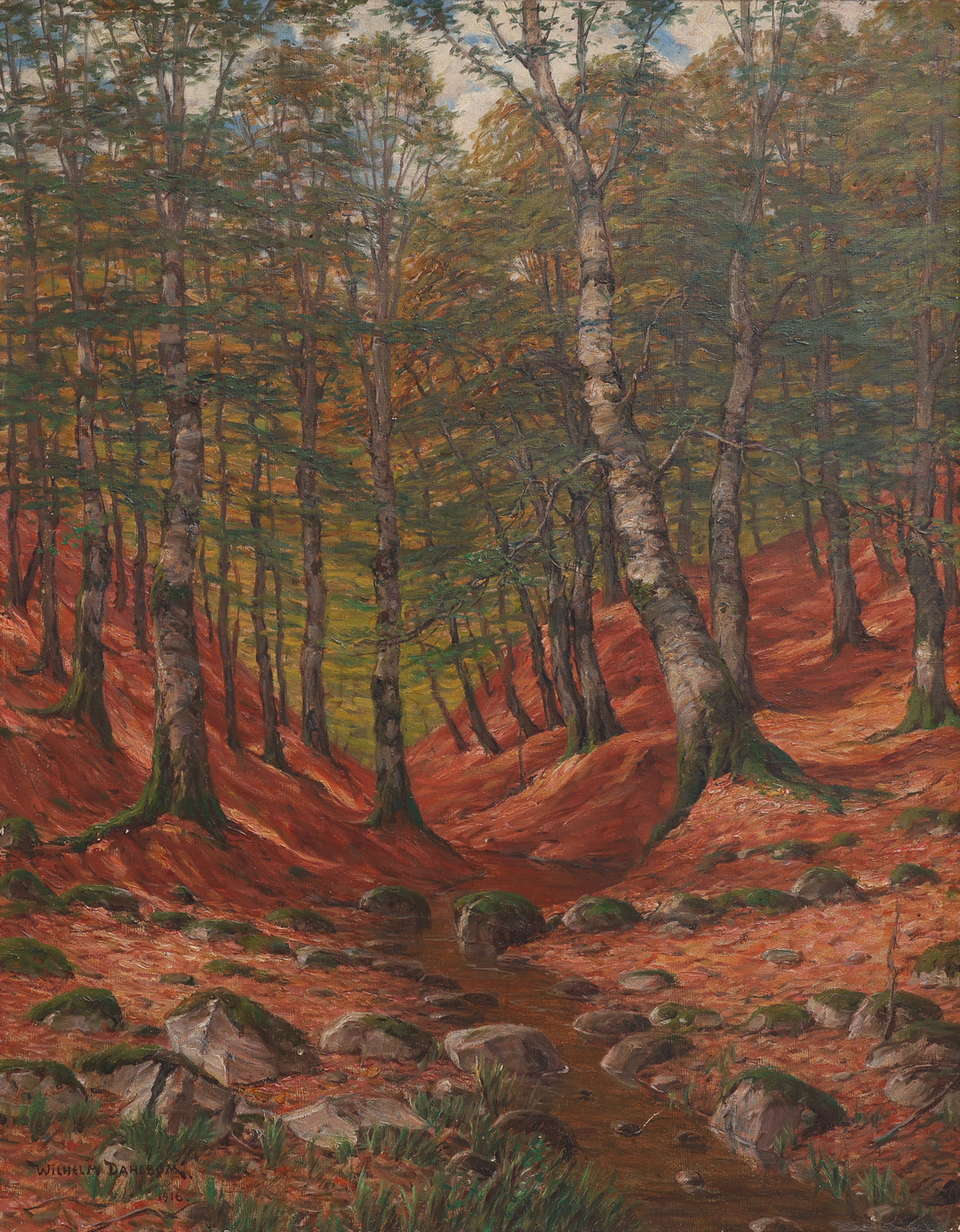 WILHELM DAHLBOM. OLJA PÅ DUK, Å GENOM BJÖRKSKOG, SIGNERAD & DATERAD 1916.