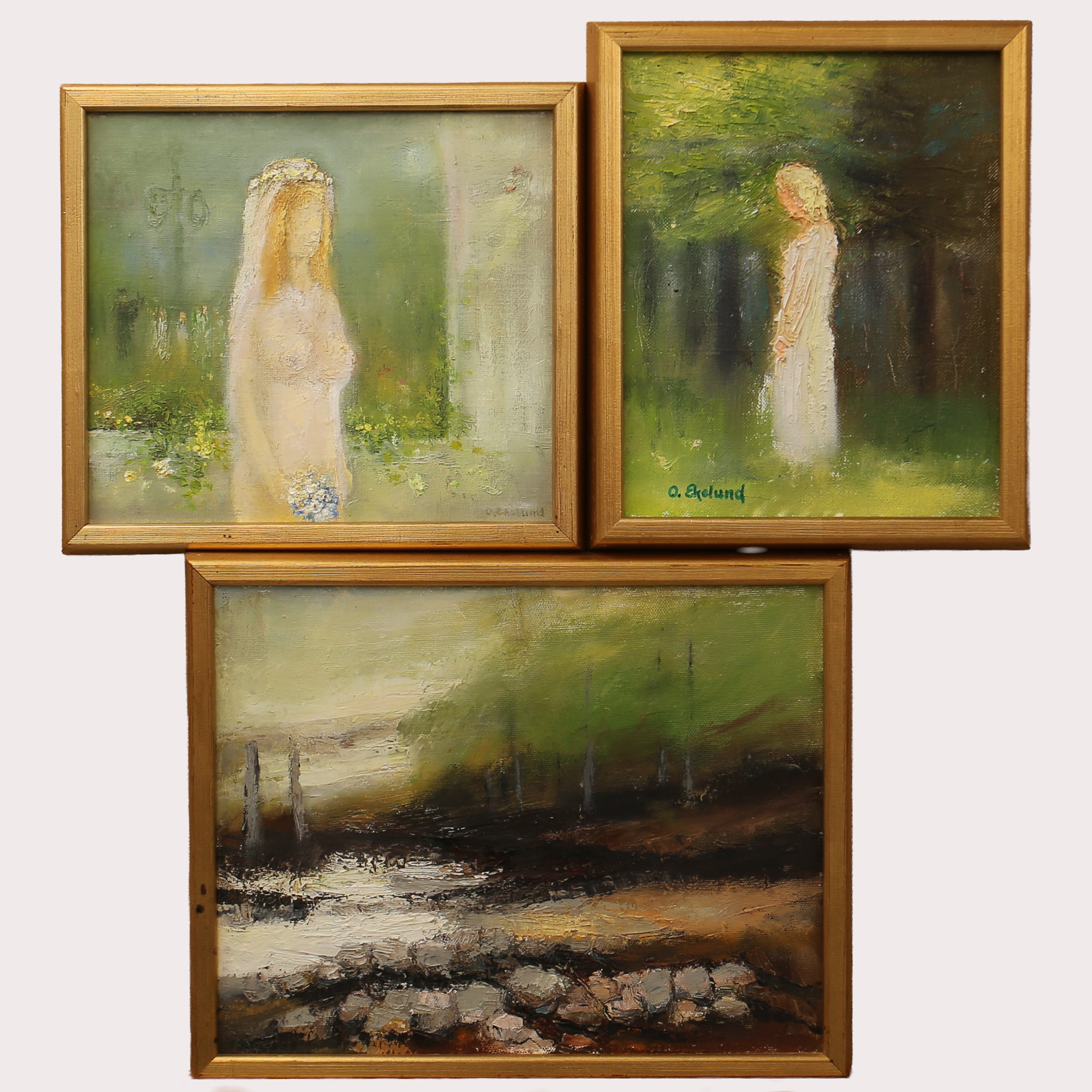 OVE EKELUND. Olja på duk, skog och kvinnor, signerade, 3 stycken.