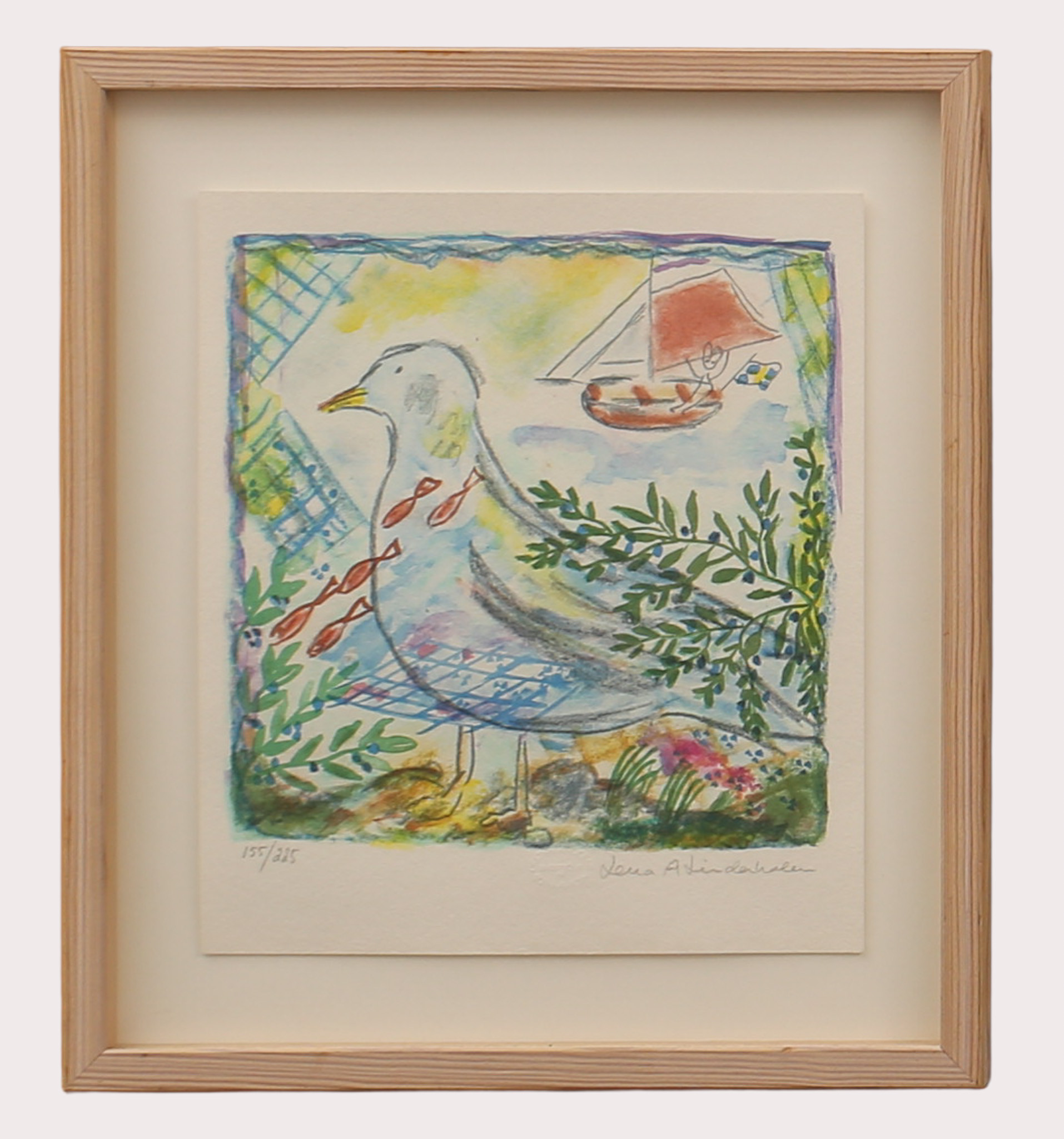 LENA LINDERHOLM. Stilleben med fågel, och segelbåt, färglitografi, numrerad 155/225, Signerad.