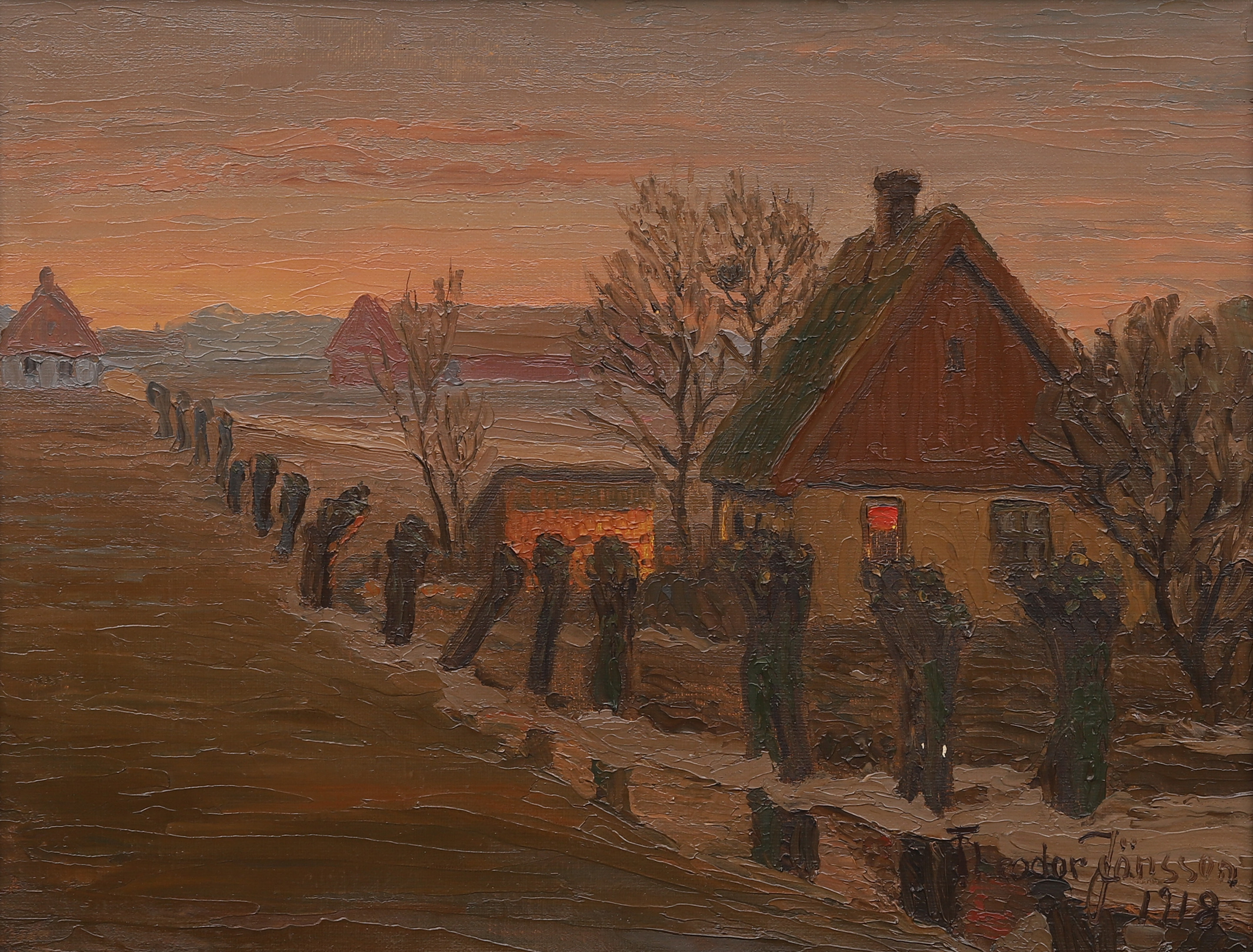 THEODOR  JÖNSSON. Skånskt skymningslandskap, olja på duk, signerad och daterad 1918.