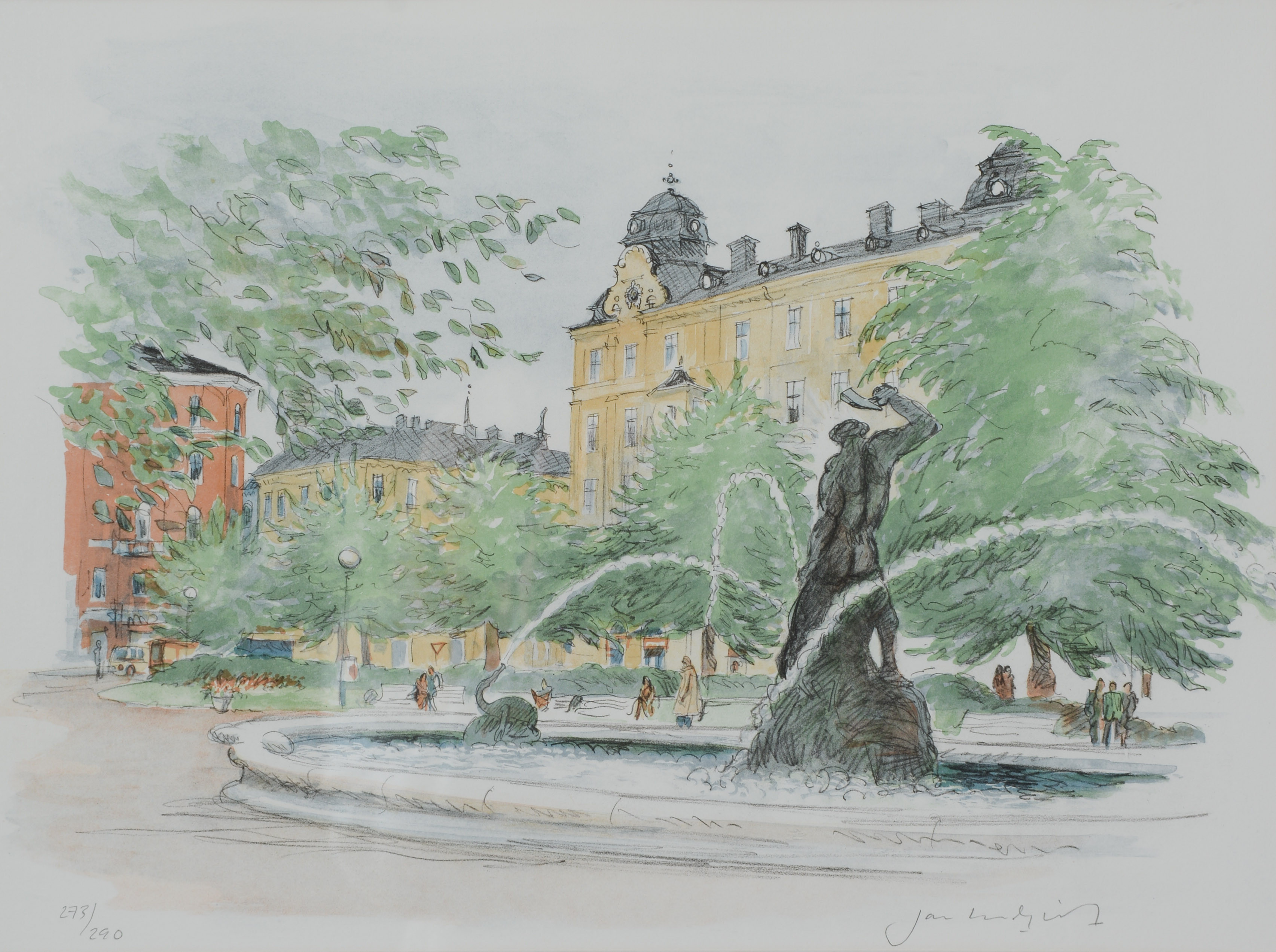 JAN LUNDQUIST. Mariatorget, färglitografi, signerad samt numrerad.